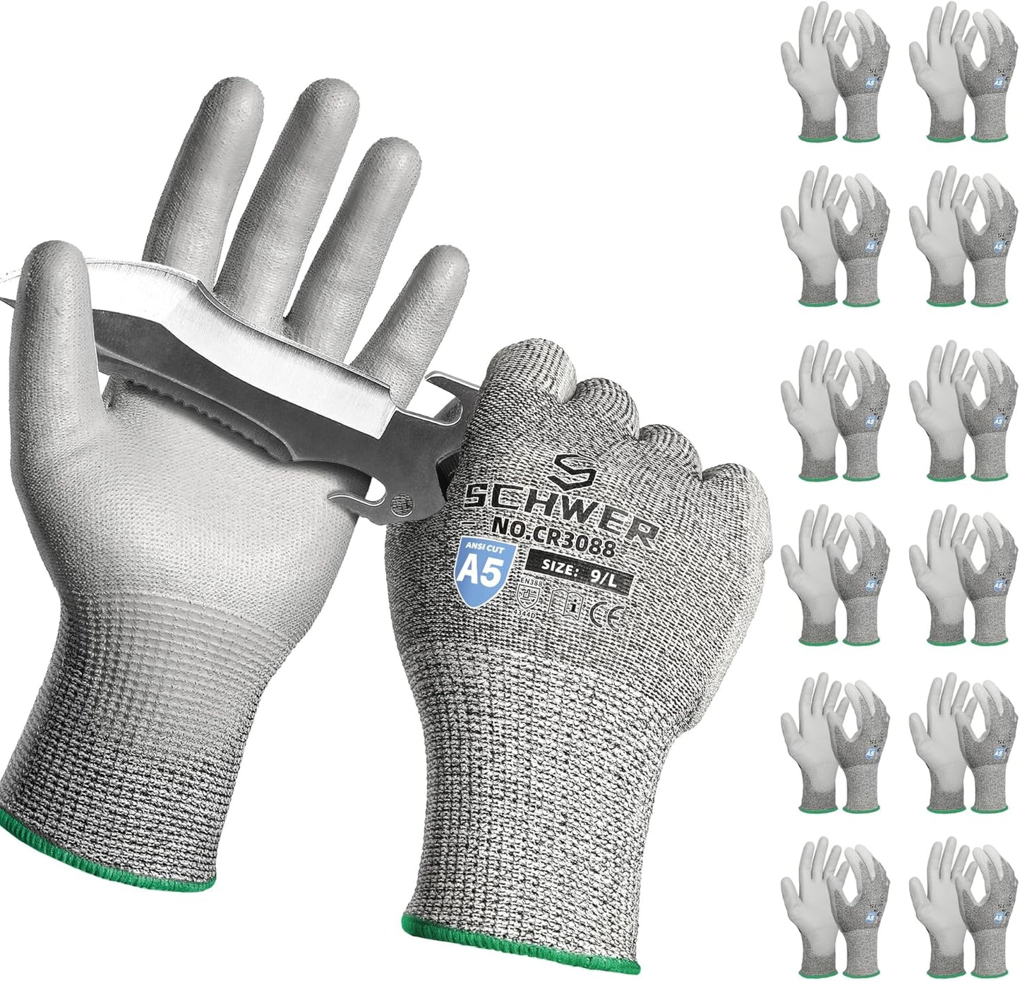 Schwer 12 Pairs ANSI A5 Cut Resistant Work Gloves, Cut Proof Gloves with PU Coating, Used for Metal Fabrication, WoodWorking, Construction, Non Slip, Durable, L, CR3088
