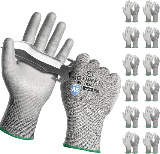 Schwer 12 Pairs ANSI A5 Cut Resistant Work Gloves, Cut Proof Gloves with PU Coating, Used for Metal Fabrication, WoodWorking, Construction, Non Slip, Durable, L, CR3088