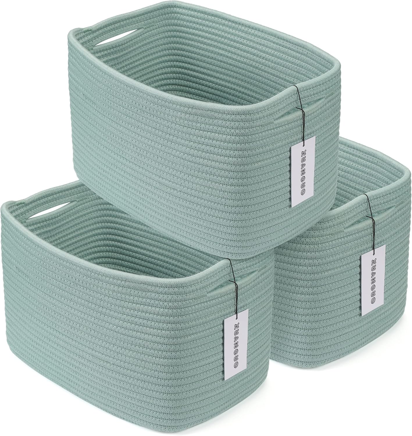 Cotton Rope storage Basket Bins Woven Basket for Organizing Shelves Rectangle Decorative Baskets For storage Clothes Toys Books Towels Square Wicker Nursery basket organizer 3 pack Green