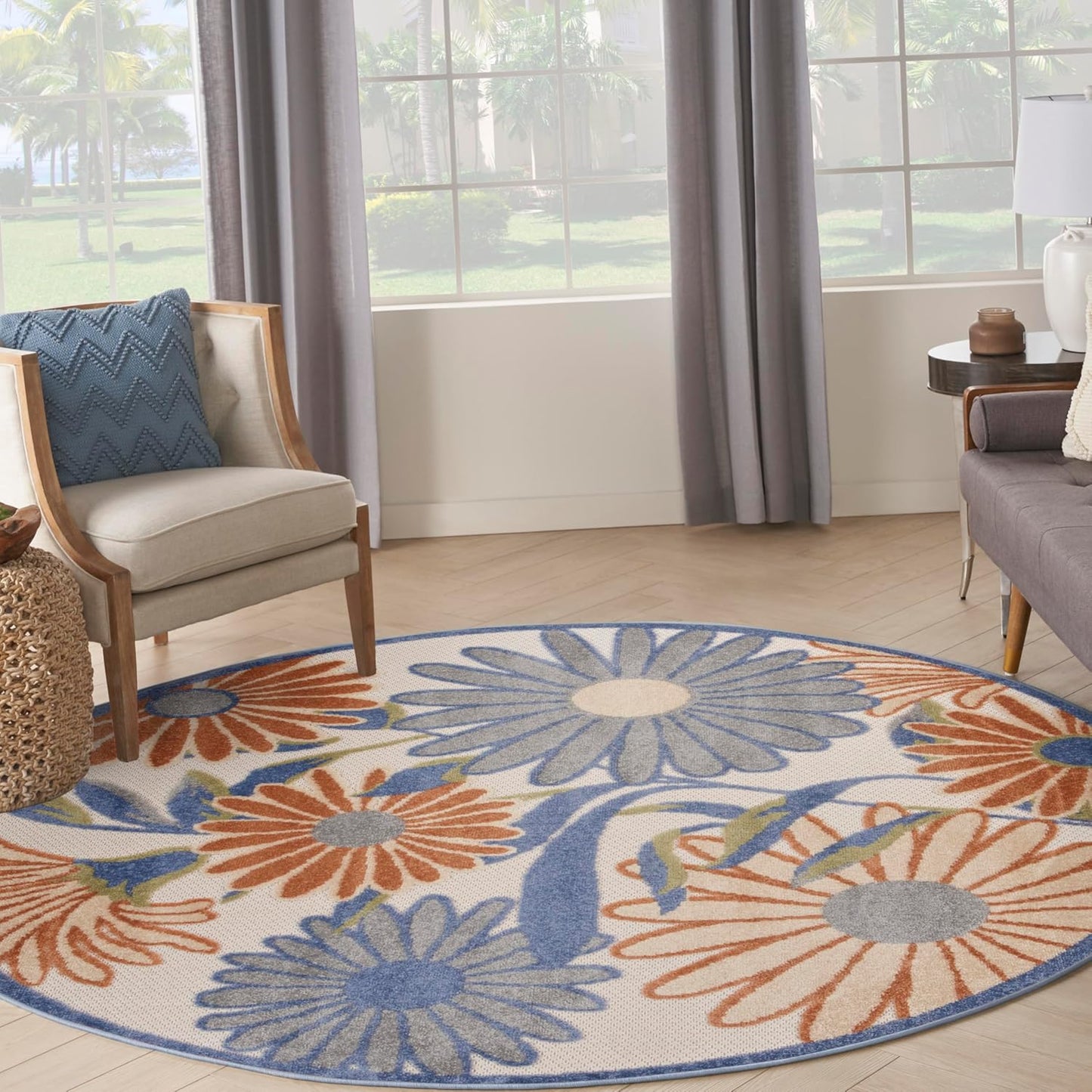 Nourison Home Aloha Beige Multicolor 7'10" x Round Area Rug - Easy Cleaning, Non Shedding, Bed Room, Living Room, Dining Room, Kitchen (8' x Round)