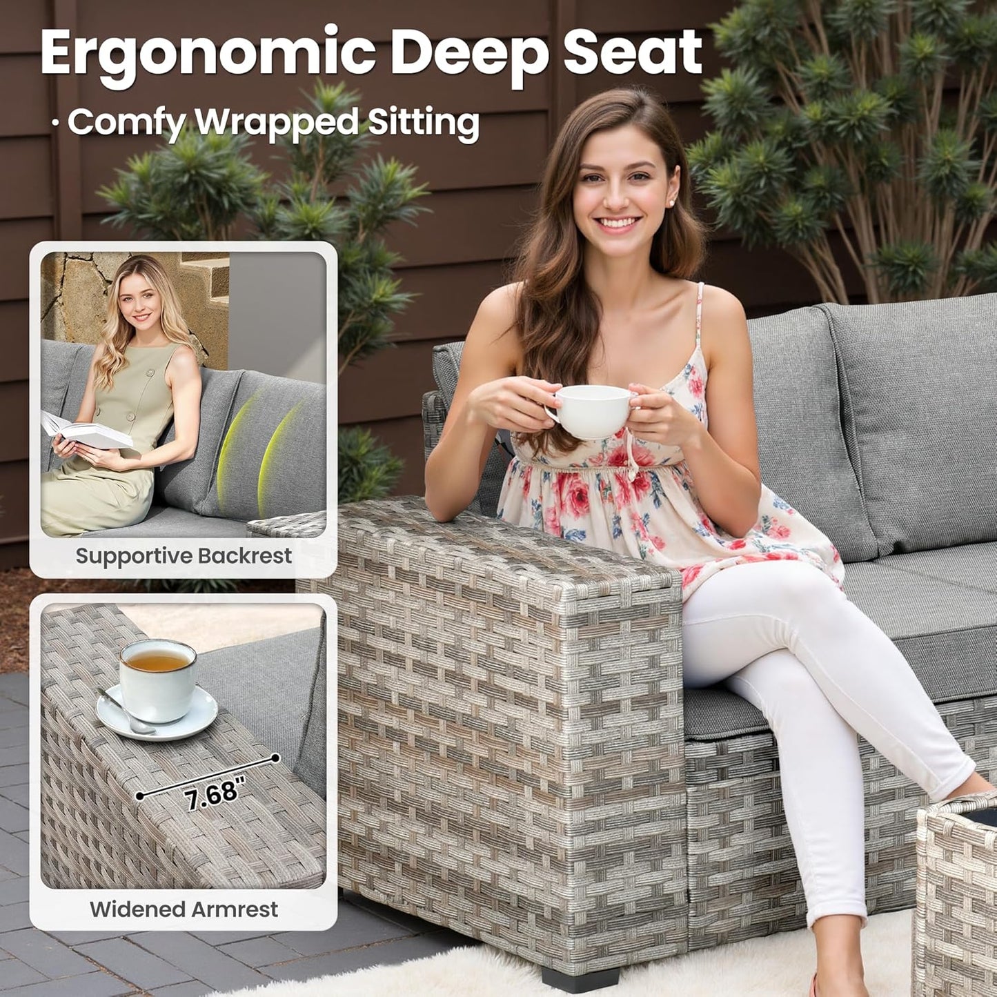 ovios 12 Pieces Patio Furniture Set, Outdoor Wicker Sectional Sofa with Glass Table Comfy Cushions, Modern Modular Deep Seat Couch Rattan Conversation Set, Dark Grey