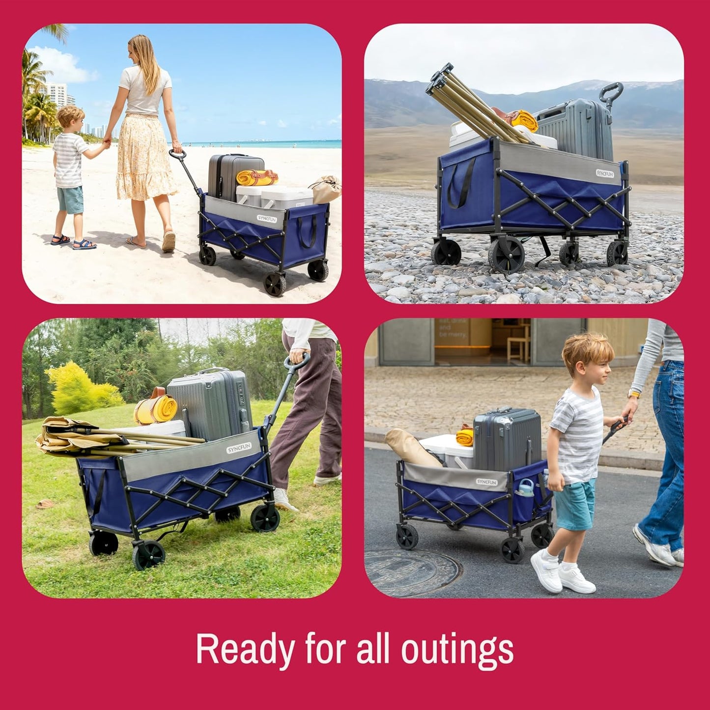 SYNCFUN Collapsible Wagon Cart Foldable, Portable Rolling Shopping Carts on Wheels, Folding Sport Beach Wagons All Terrain, Heavy Duty Garden Utility Cart for Groceries Fishing 300lbs, Blue
