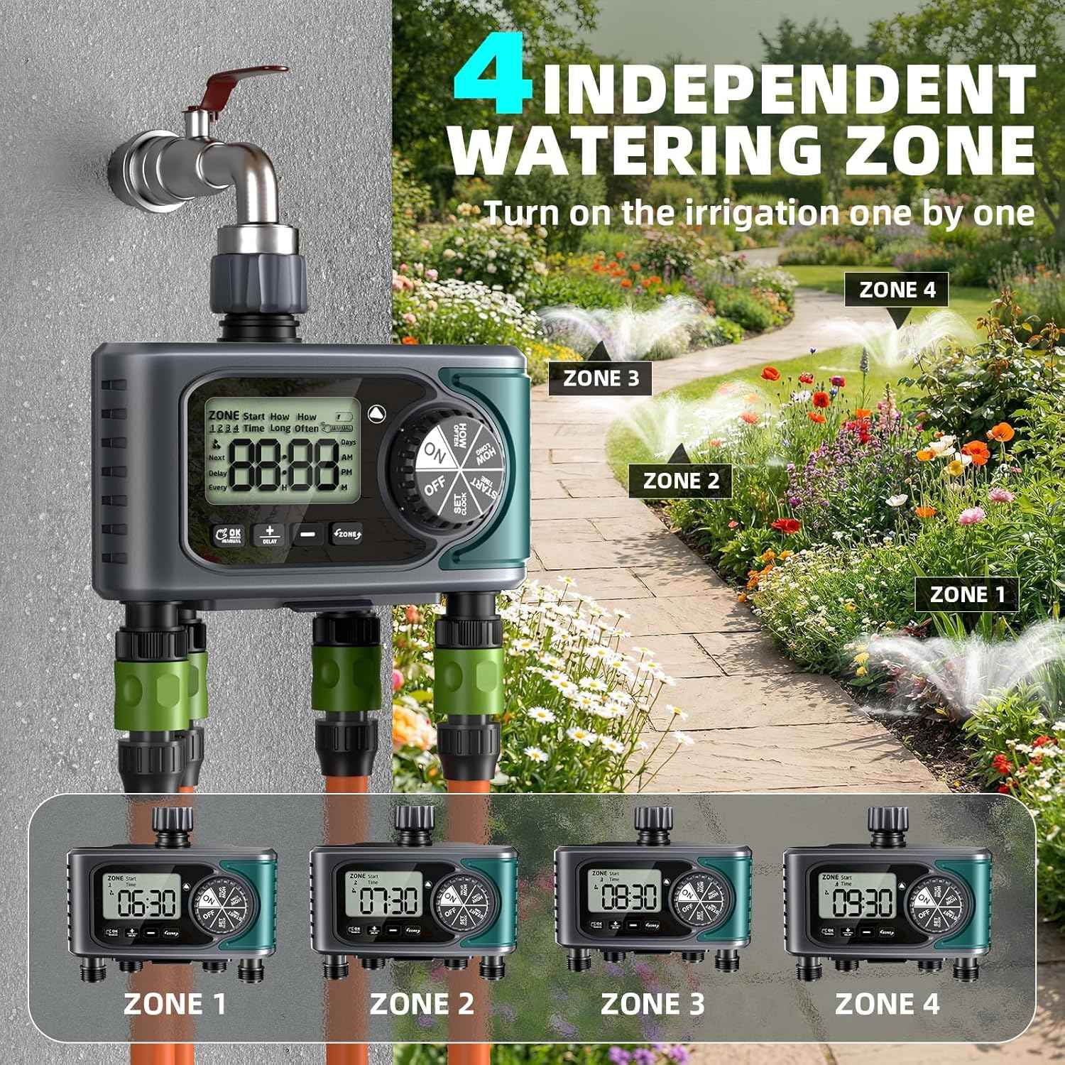 Sprinkler Timer for Outdoor Hose Faucet 4 Zone, Programmable Hose Timer with Rain Delay/Manual/Automatic Watering System, Water Timers for Garden Hose, Digital Drip Irrigation for Yard Lawn Outdoor