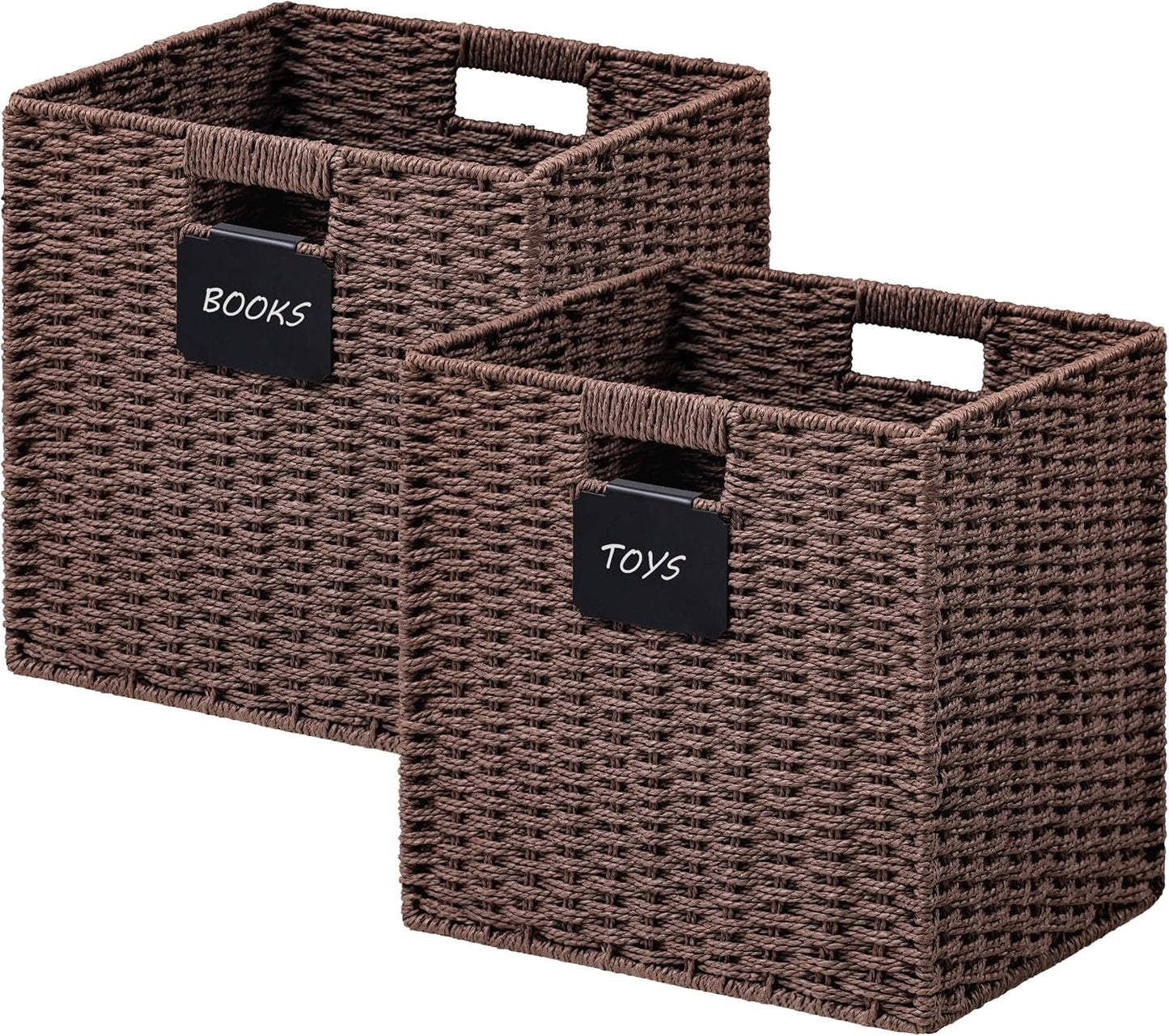 UBBCARE 2 Pack Wicker Basket, 10.5×10.5 Storage Cubes with Label, Foldable Cube Storage Bin with Handle, Square Storage Basket for Shelves, Woven Paper Rope Basket for Organizing, Brown