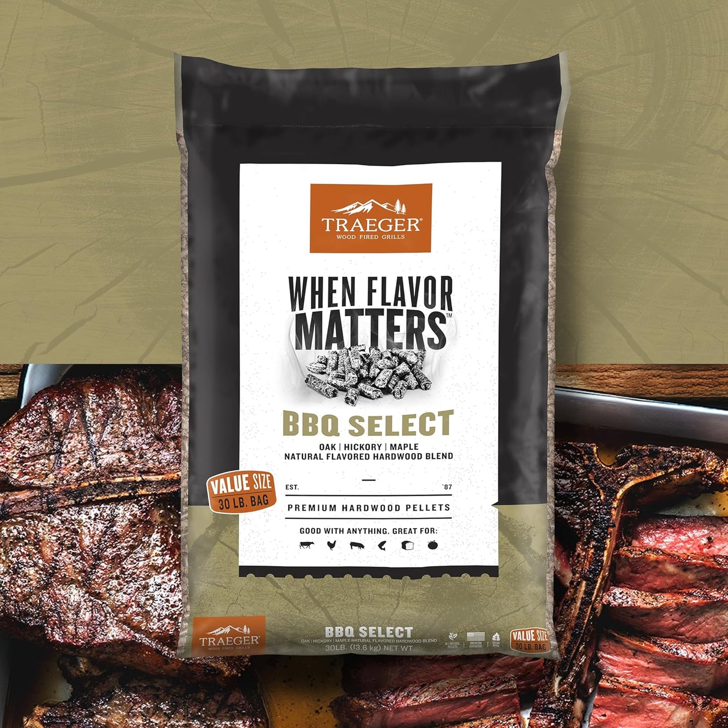 Traeger Grills BBQ Select 100% All-Natural Wood Pellets for Smokers and Pellet Grills, BBQ, Bake, Roast, and Grill, 30 lb. Bag