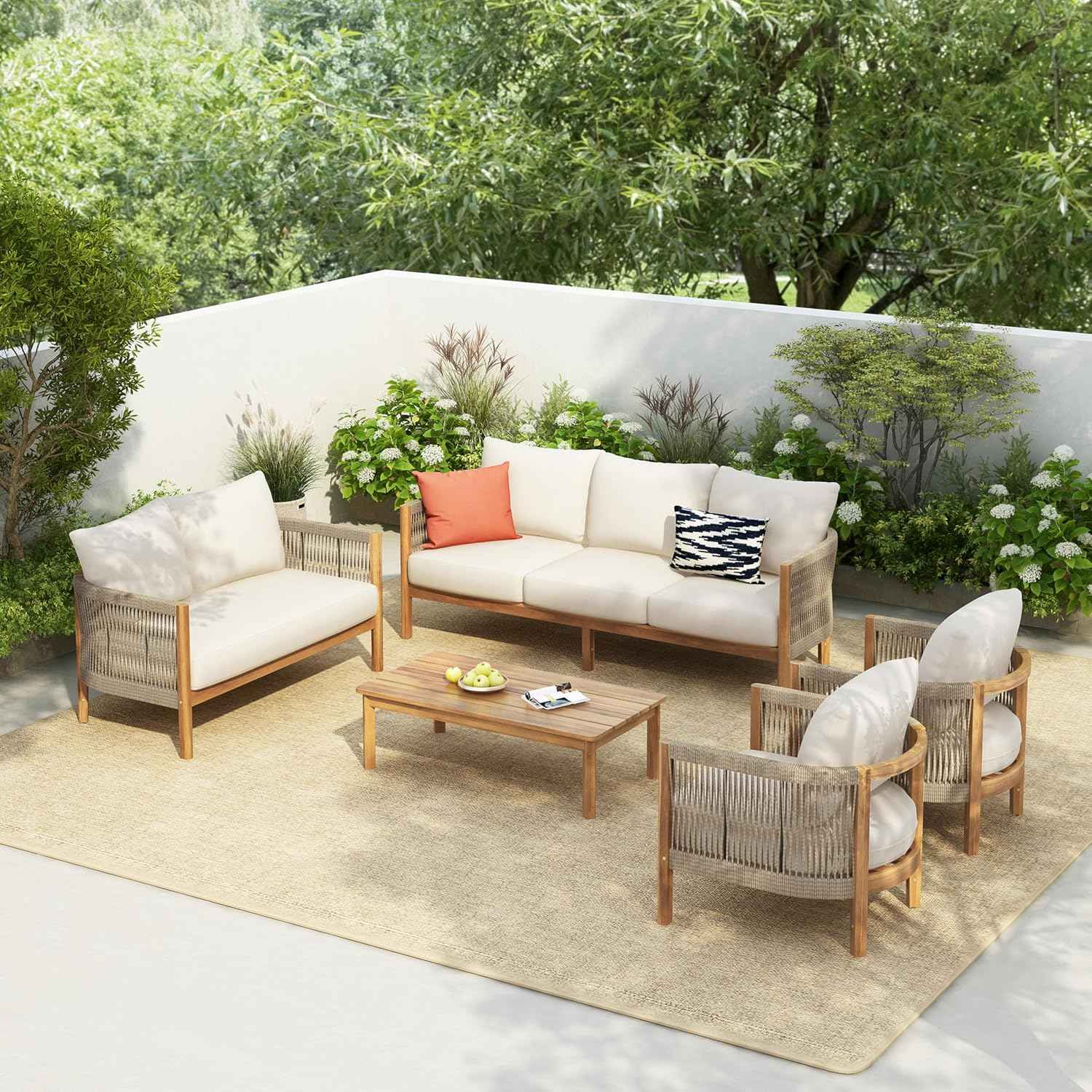 Christopher Knight Home Havets 5 Pieces Outdoor Acacia Furniture Set, Woven Rope Loveseat and Accent Club Chairs, 6" Thick Cushions Sofa and Coffee Table Set for Backyard Garden Balcony, Teak+Beige