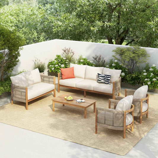 Christopher Knight Home Havets 5 Pieces Outdoor Acacia Furniture Set, Woven Rope Loveseat and Accent Club Chairs, 6" Thick Cushions Sofa and Coffee Table Set for Backyard Garden Balcony, Teak+Beige