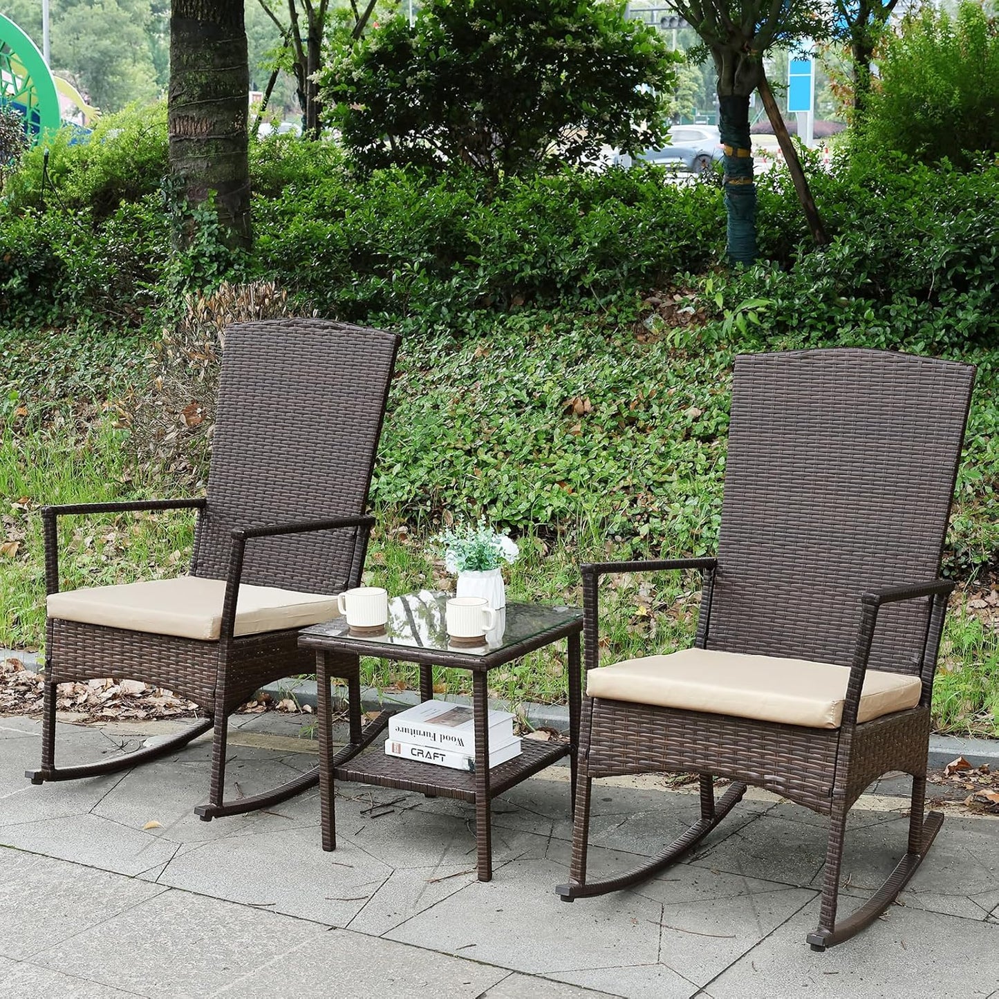 Outdoor Rocking Chair 3 Pieces High-Backed Rocking Chair Outdoor Patio Rocking Chairs Outdoor Table, Khaki