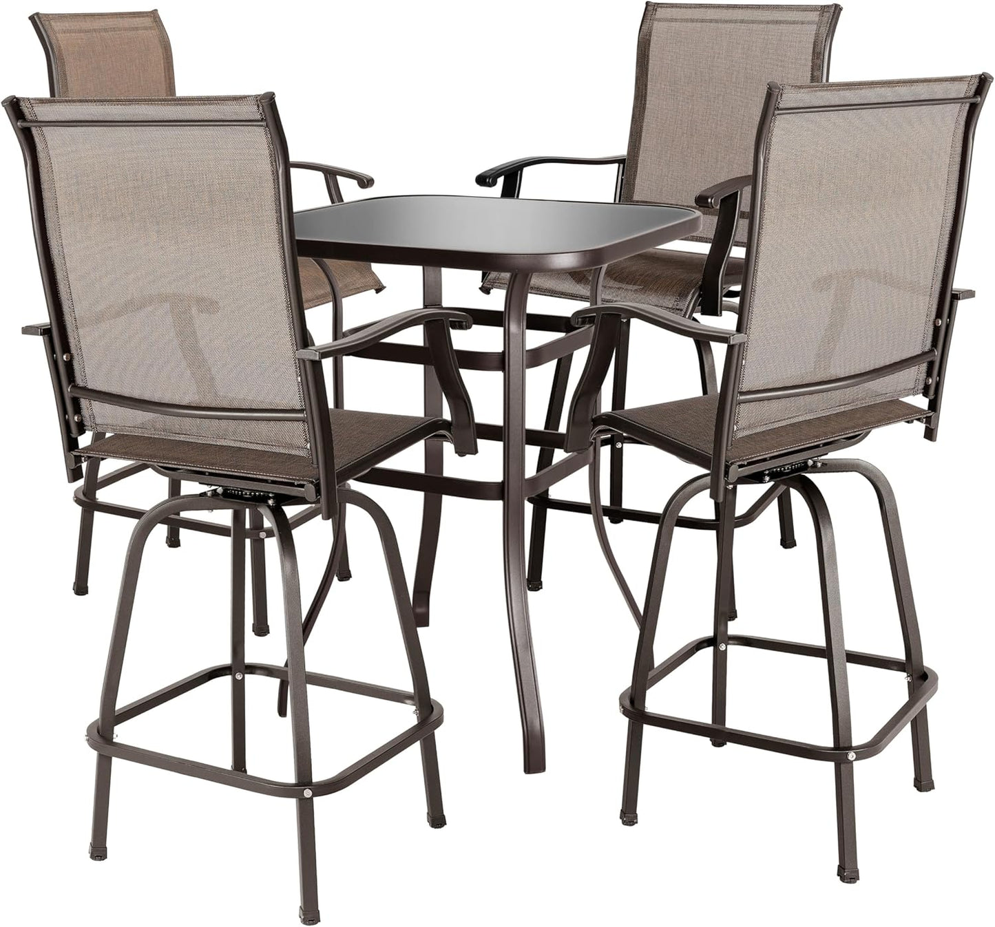 NUU GARDEN 5 Piece Patio Bar Set with Square Silk Screen Bar Height Glass Table and 4 Counter Textilene Height Swivel Chairs for Patio, Yard, Outdoor, Black&Brown