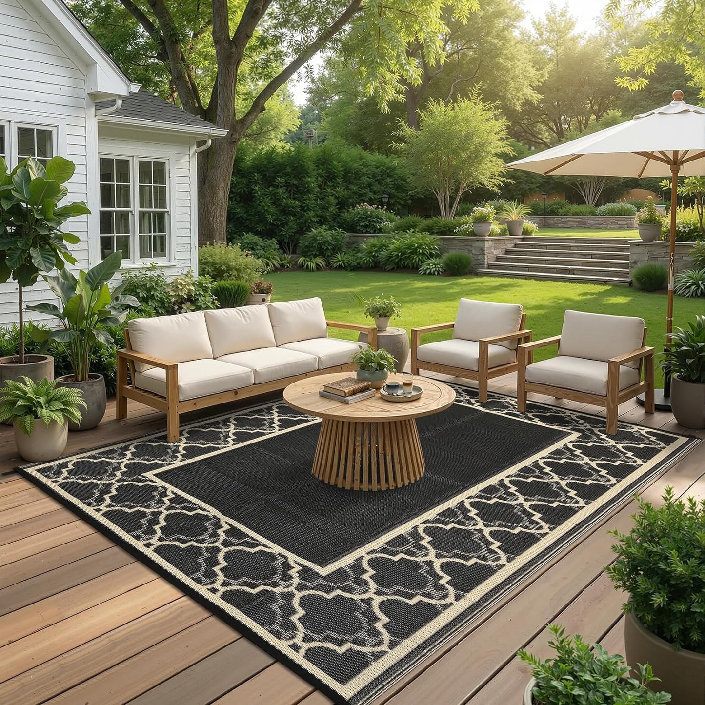 Garvee Reversible Outdoor Rug 8x10, Waterproof Outdoor Plastic Straw Rug with Interlacing Pattern, RV Mat for Picnics, Patio, Camping, Balcony, Deck, Backyard, Porch, Coffee