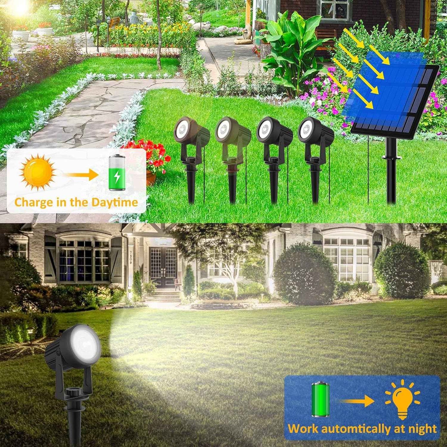 T-SUNUS Christmas Solar Garden Spotlight White Outdoor, 4-in-1 Spot Lights 6000K IP65 Waterproof 9.8ft Cable 5W Separated Panel, Auto On/Off Spotlights for Tree Yard Driveway Pathway Pond Halloween