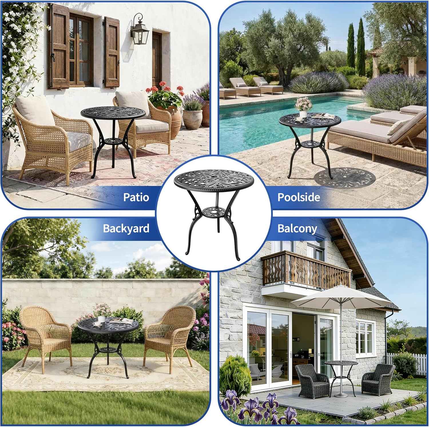 23" Round Cast Aluminum Patio Bistro Table, Outdoor Coffee Bistro Side Table with Umbrella Hole, Antique Design Dining Desk for Backyard, Garden, Porch, Pool, Balcony, Black