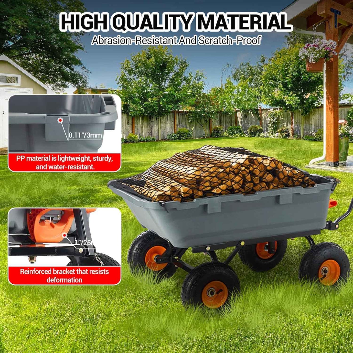 800 lbs Poly Garden Dump Cart, Heavy-Duty Wheelbarrow with 10-Inch Tires, 180° Rotating Handle, Steel Frame, and Quick Release System for Soil, Plants, Gardening Tools, and Firewood (Grey)