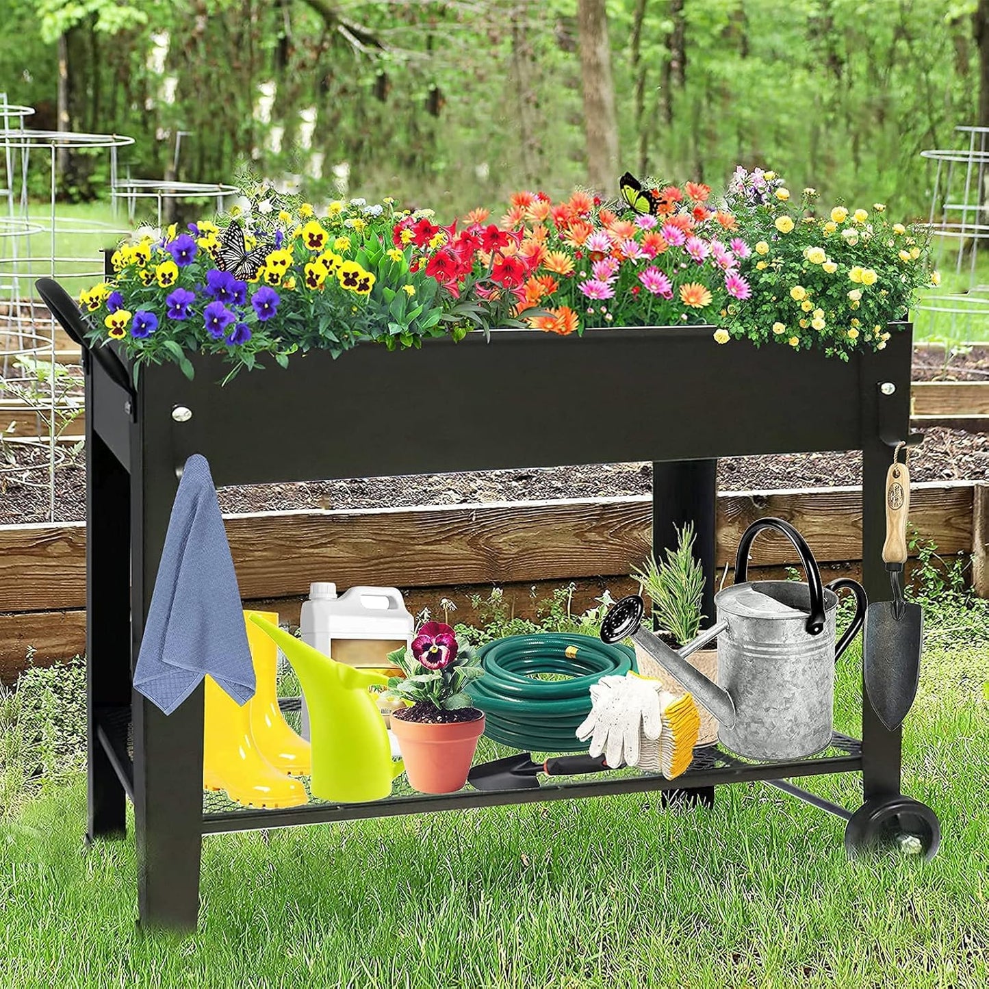 aboxoo Large Planter Raised Beds with Legs Outdoor Metal Planter Box on Wheels Elevated Garden Bed for Vegetables Flower Herb Patio (40" L x 11" W x 31.5" H)