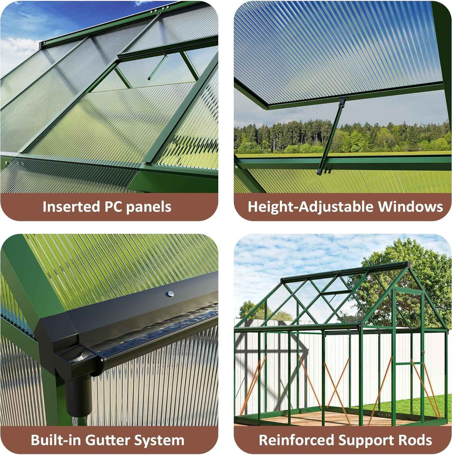 AirWire 8×12 FT Walk-in Greenhouse for Outdoors, Polycarbonate Greenhouse Kit with Roof Vent, Large Heavy Duty Green Houses for Outside Backyard Patio Garden, Green