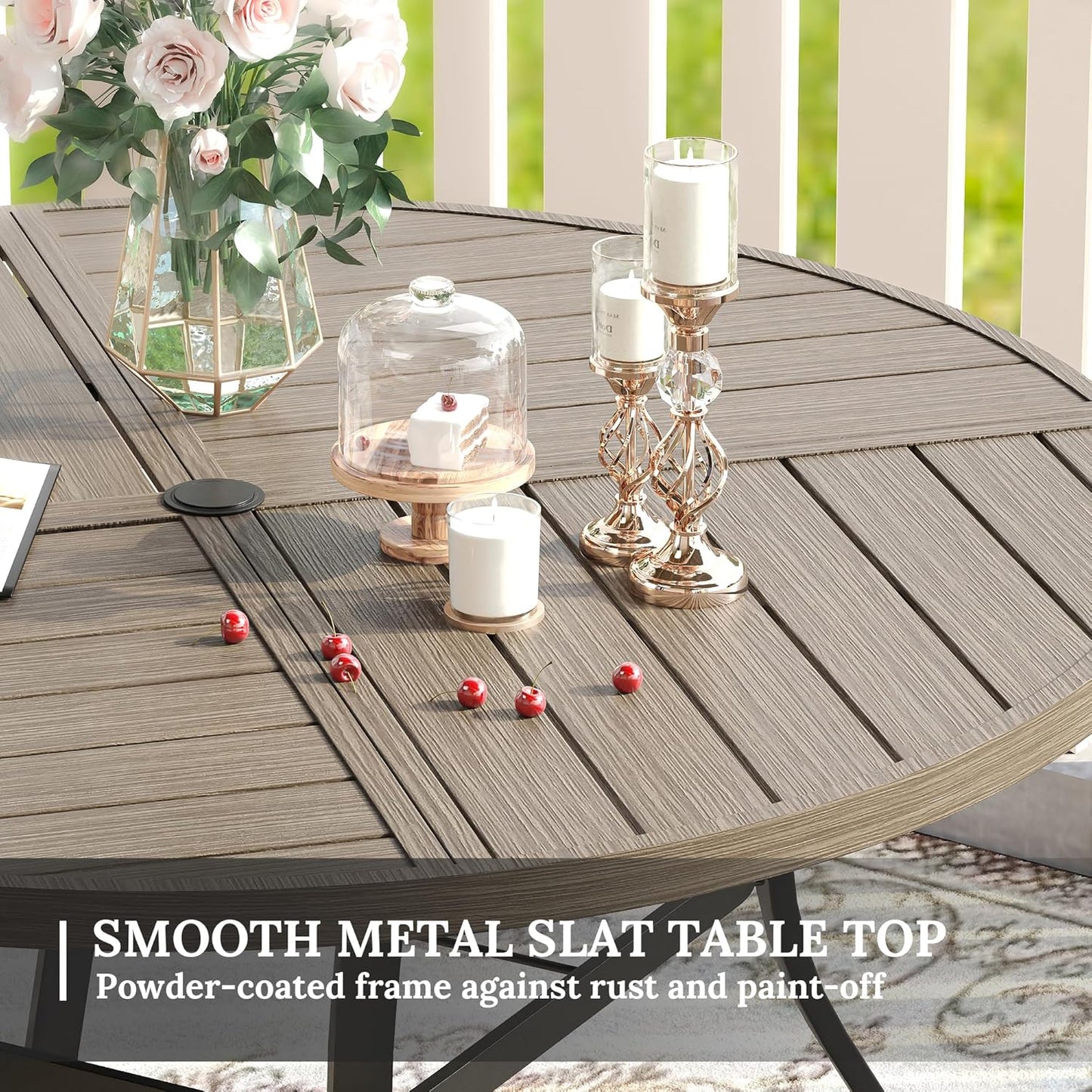 VICLLAX Round Patio Table with Adjustable Umbrella Hole for 4, All Weather Metal Outdoor Dining Table for Lawn Garden, 40.6" Outdoor Coffee Table, Grey Wood-Like Tabletop