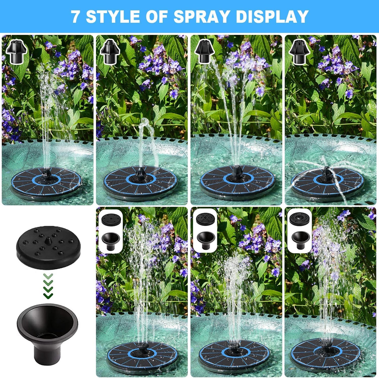 Solar Water Fountain with 2000 mAh Battery Backup Works in Cloudy, 3.5 W Glass Small Solar Fountain Pump with 7 Nozzles, Bird Bath Fountains Solar Power for Bird Bath, Hummingbird,Pond, Garden