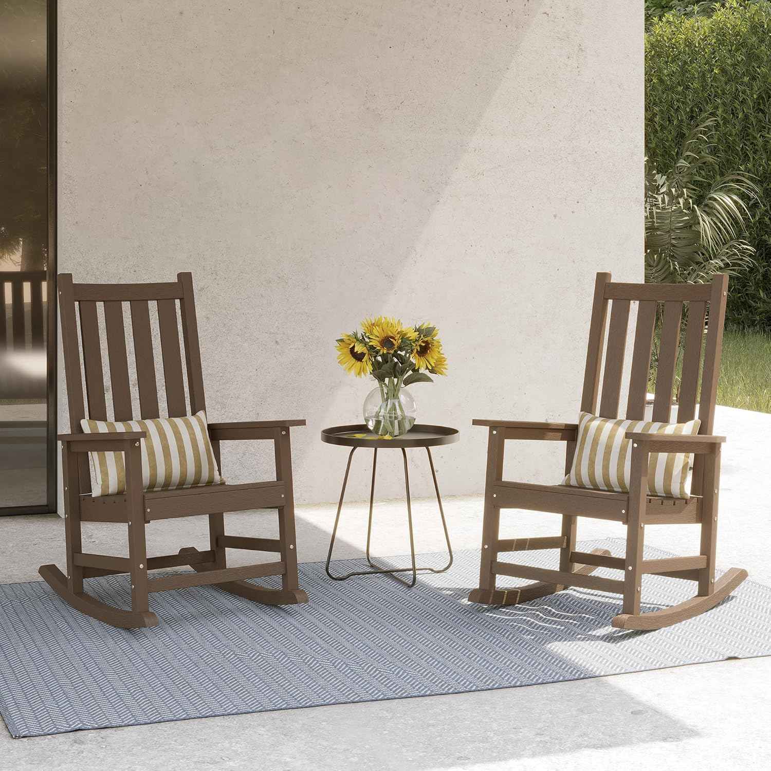 HDPE Outdoor Rocking Chair Set of 2, Oversized Rocking Chairs with Widened Seats & High Backs (2, Brown)
