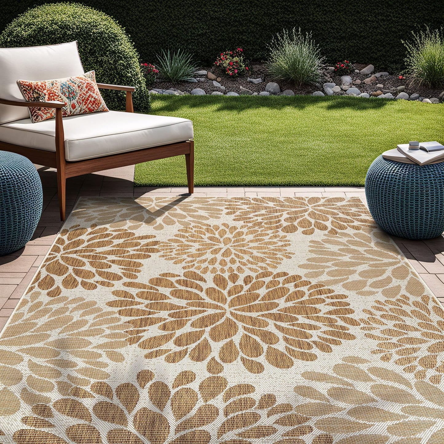 Beverly Rug Outdoor Rug 8x10 Modern Exotic Tropical Leaf Area Rugs for Indoor and Outdoor Patio Deck Porch Garden Water Resistant Washable Outside Carpet (8 x 10 Beige)