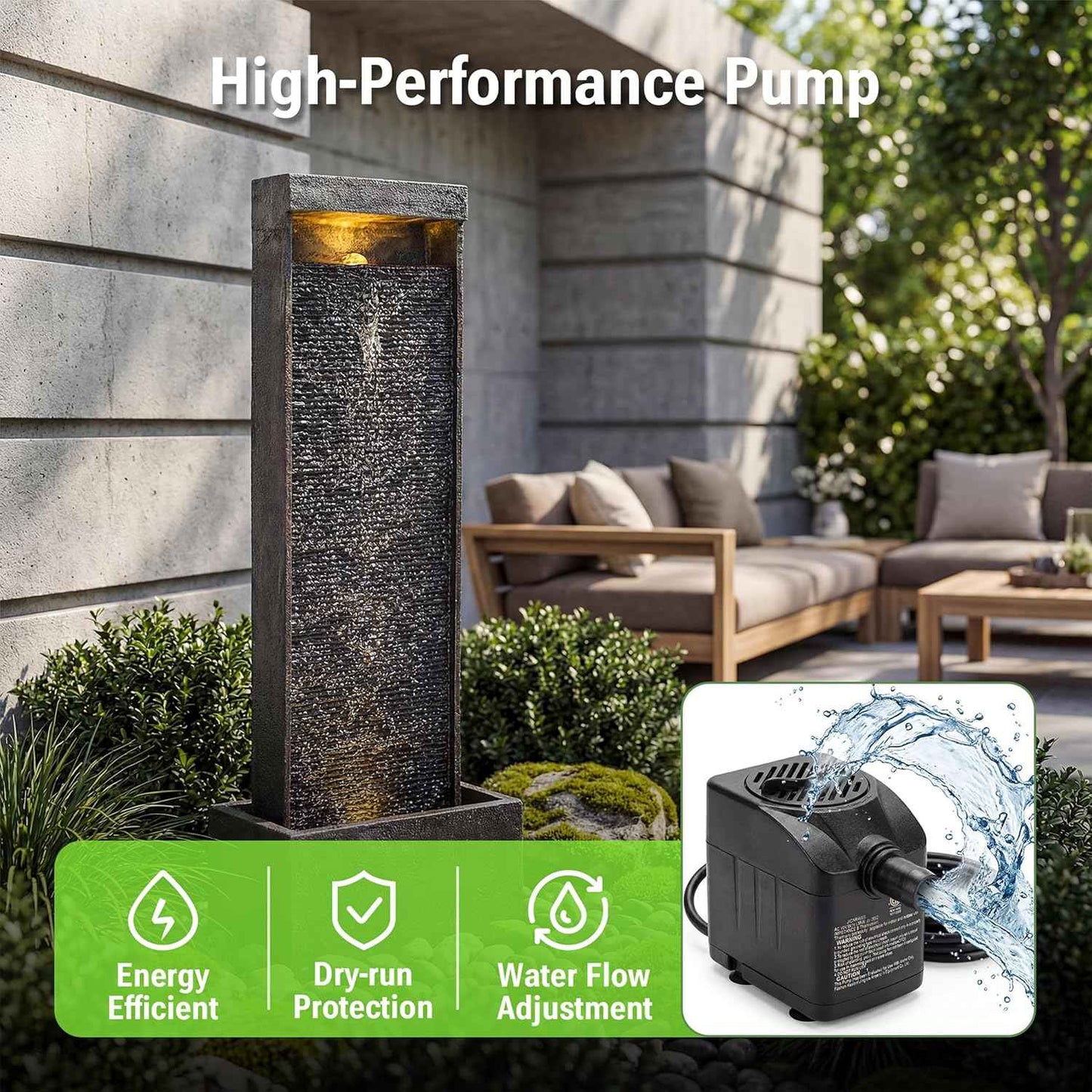 35-Inch Outdoor Water Fountain, Modern Curved Faux Slate Resin Indoor Waterfall Fountain with 2 Warm LED Lights, Home Art Decor for Garden, Patio, Yard, Deck, Porch, Balcony in Black