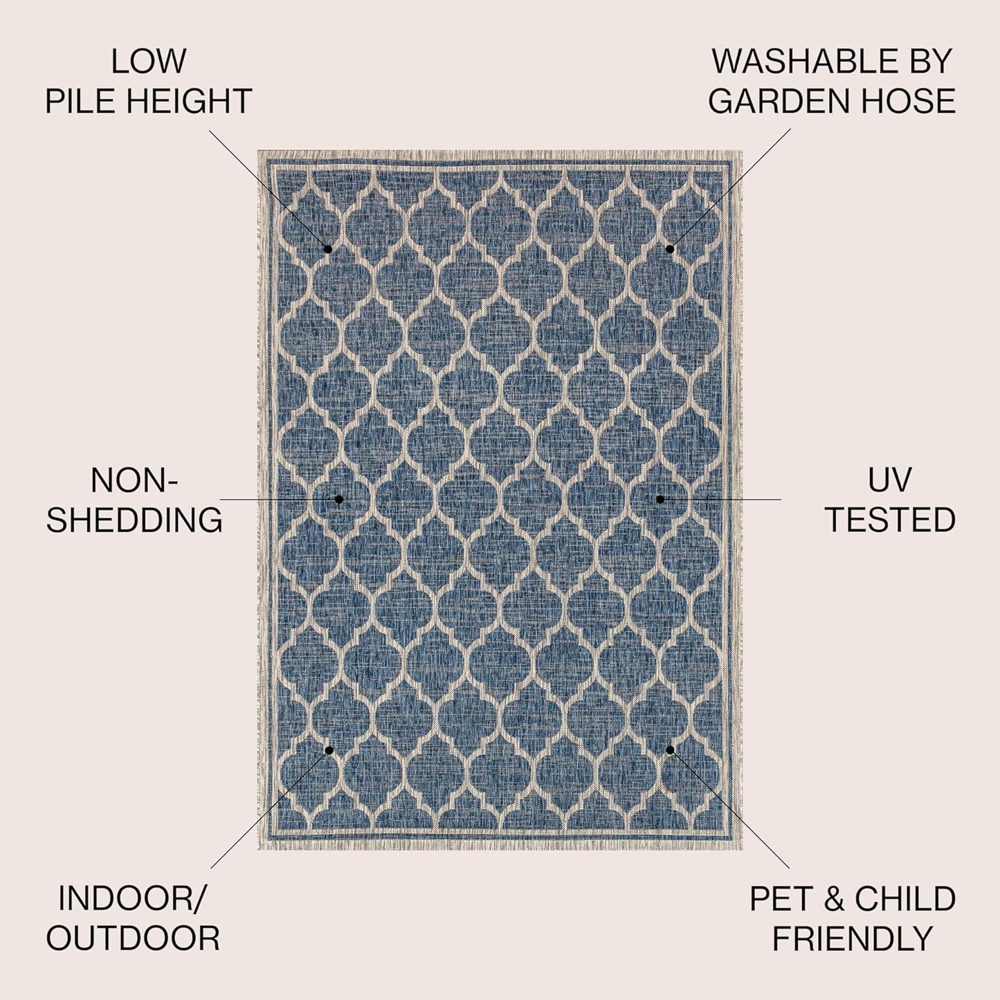 Eyely BMS109D-14 Santa Monica Trebol Moroccan Trellis Textured Weave, Pet Friendly, Non-Shedding, Stain Resistant, Easy-Cleaning, Navy/Gray, 10 ft. x 14 ft., Indoor/Outdoor, Area Rug