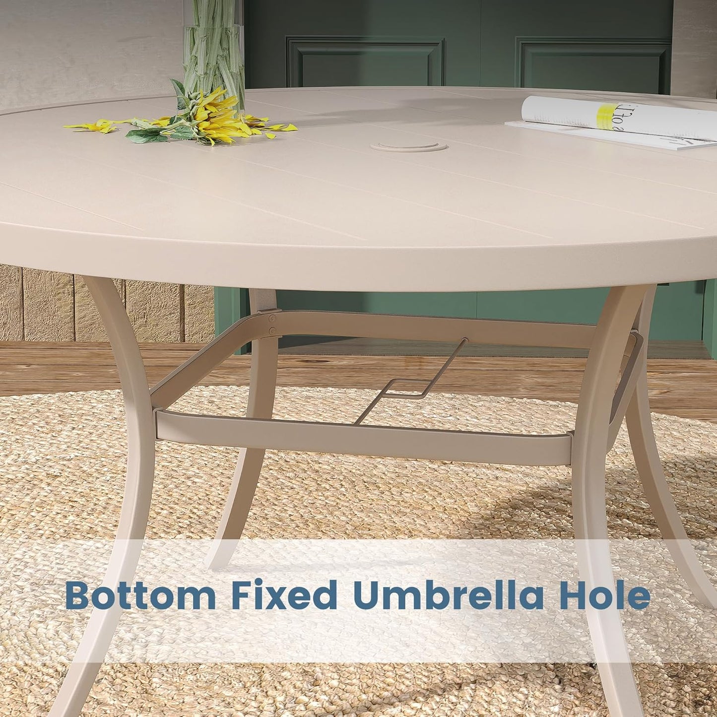 DIFY 50" Round Outdoor Patio Dining Table for 6, Metal Patio Table with 1.57" Adjustable Umbrella Hole, All-Weather Dining Furniture Table for Backyard Lawn Garden, Sandshell