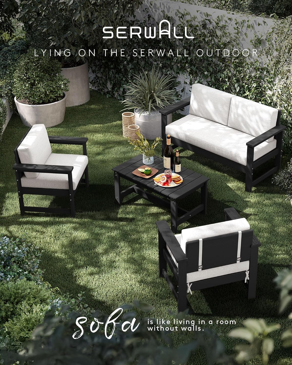 SERWALL 4-Piece Outdoor Patio Sofa Set, HDPE All-Weather Loveseat Sofa with Cushions & Coffee Table, Black Frame & Khaki Cushions