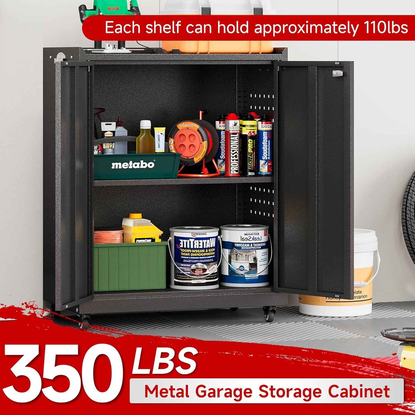 Bestoo Metal Garage Storage Cabinet with Wheels, 31.5" H Tool Locker with Pegboard and Adjustable Shelves, Rolling Storage Cabinet for Garage, Home, Office, Warehouse (Black)