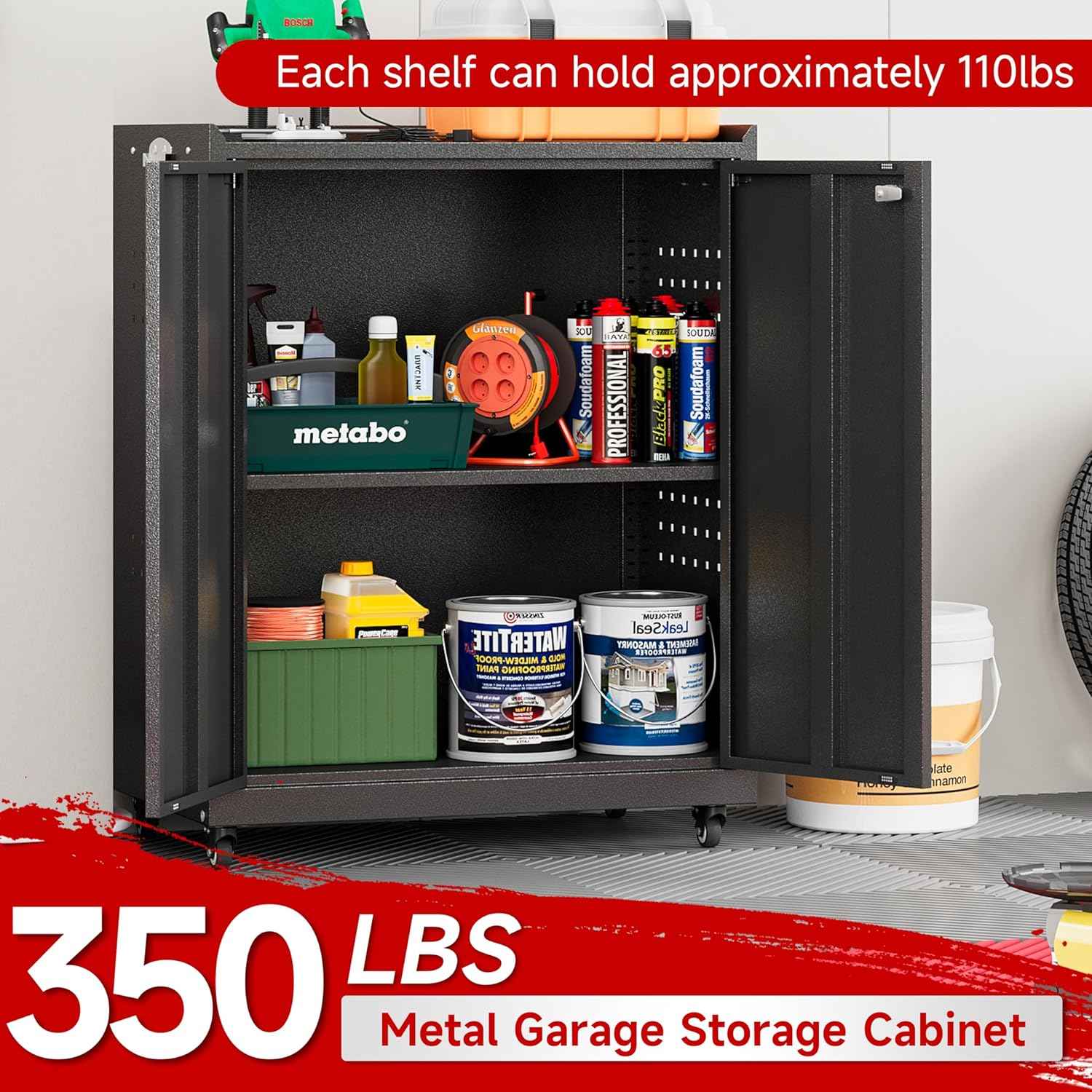 Bestoo Metal Garage Storage Cabinet with Wheels, 31.5" H Tool Locker with Pegboard and Adjustable Shelves, Rolling Storage Cabinet for Garage, Home, Office, Warehouse (Black)