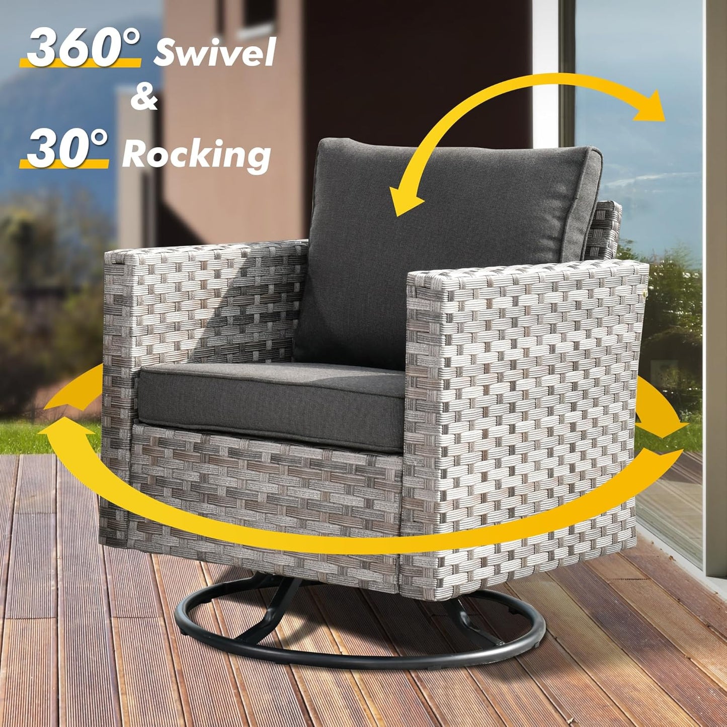 Patio Swivel Rocking Chair Set of 2 with Coffee Table,Comfortable Outdoor Wicker Glider Chair with Deep Seat, Porch Rocker Chair for Balcony Garden Backyard (Black)