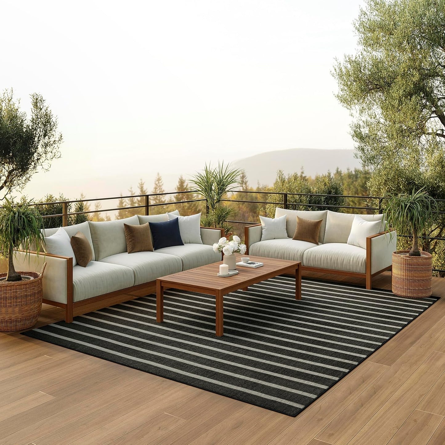 Nourison Home Positano Indoor/Outdoor Black Ivory 9' x 12' Area Rug, Easy Cleaning, Non Shedding, Bed Room, Living Room, Dining Room, Backyard, Deck, Patio (9x12)