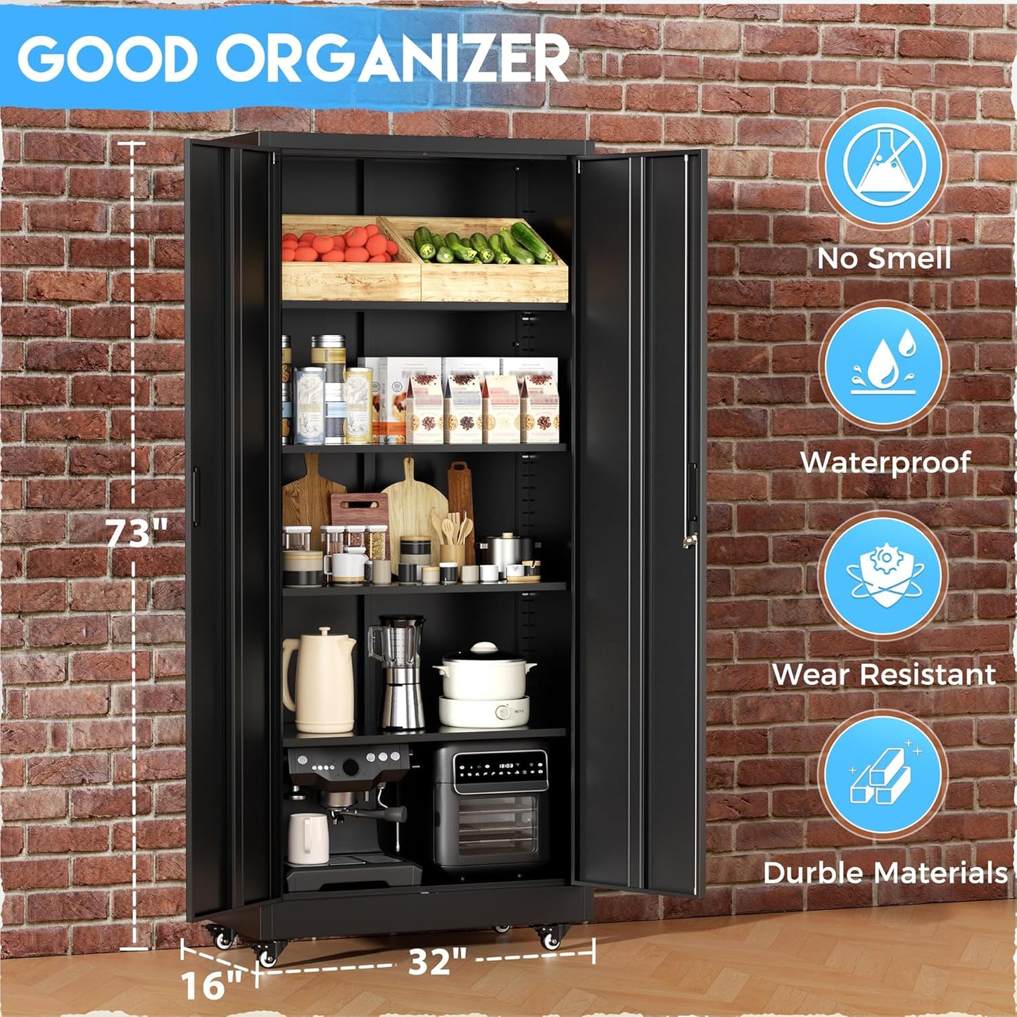 Greenvelly Metal Garage Storage Cabinet with 4 Swivel Wheels, 73” Black Storage Cabinet on Wheels, Rolling Tool Cabinet with Locking Doors and Shelves for Garage, Basement, Home, Warehouse