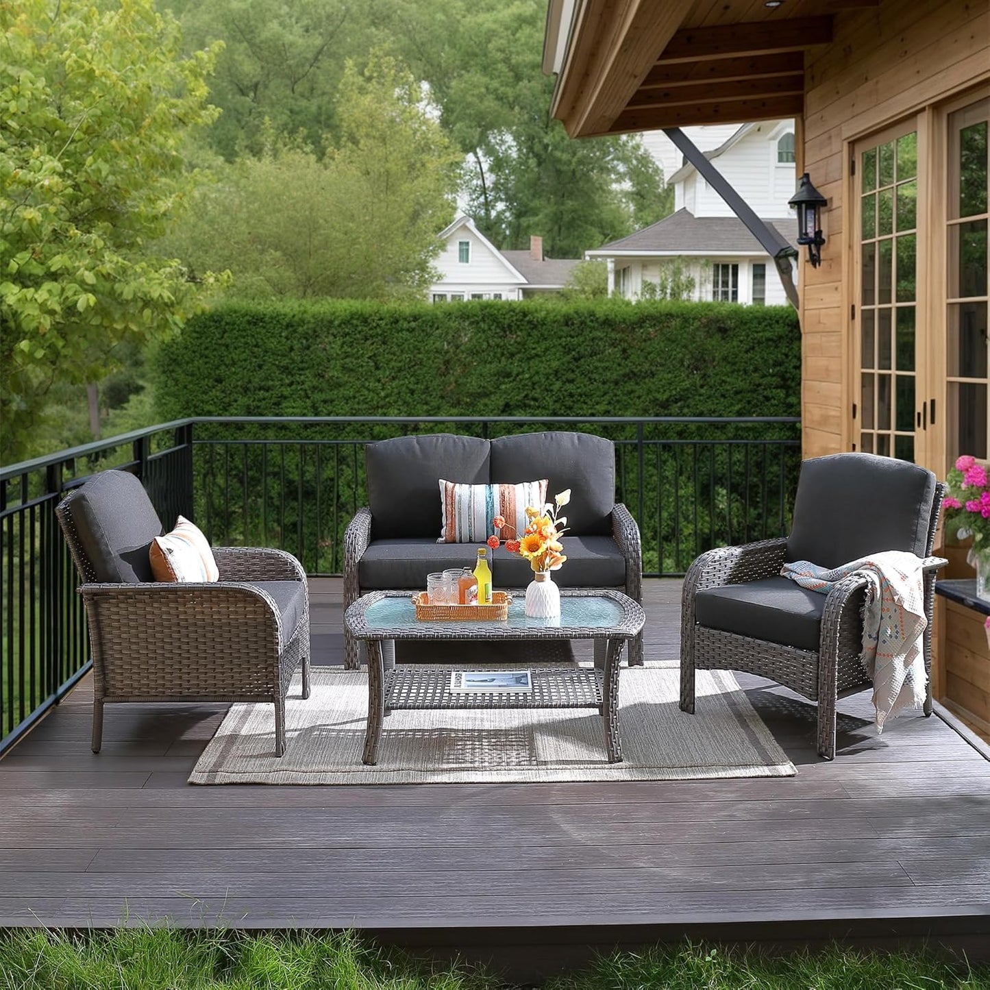 HOOOWOOO Patio Furniture Set,4 Pieces Outdoor Conversation Set,All Weather Wicker Loveseat Sofa Set with High Back Chairs Table,Black