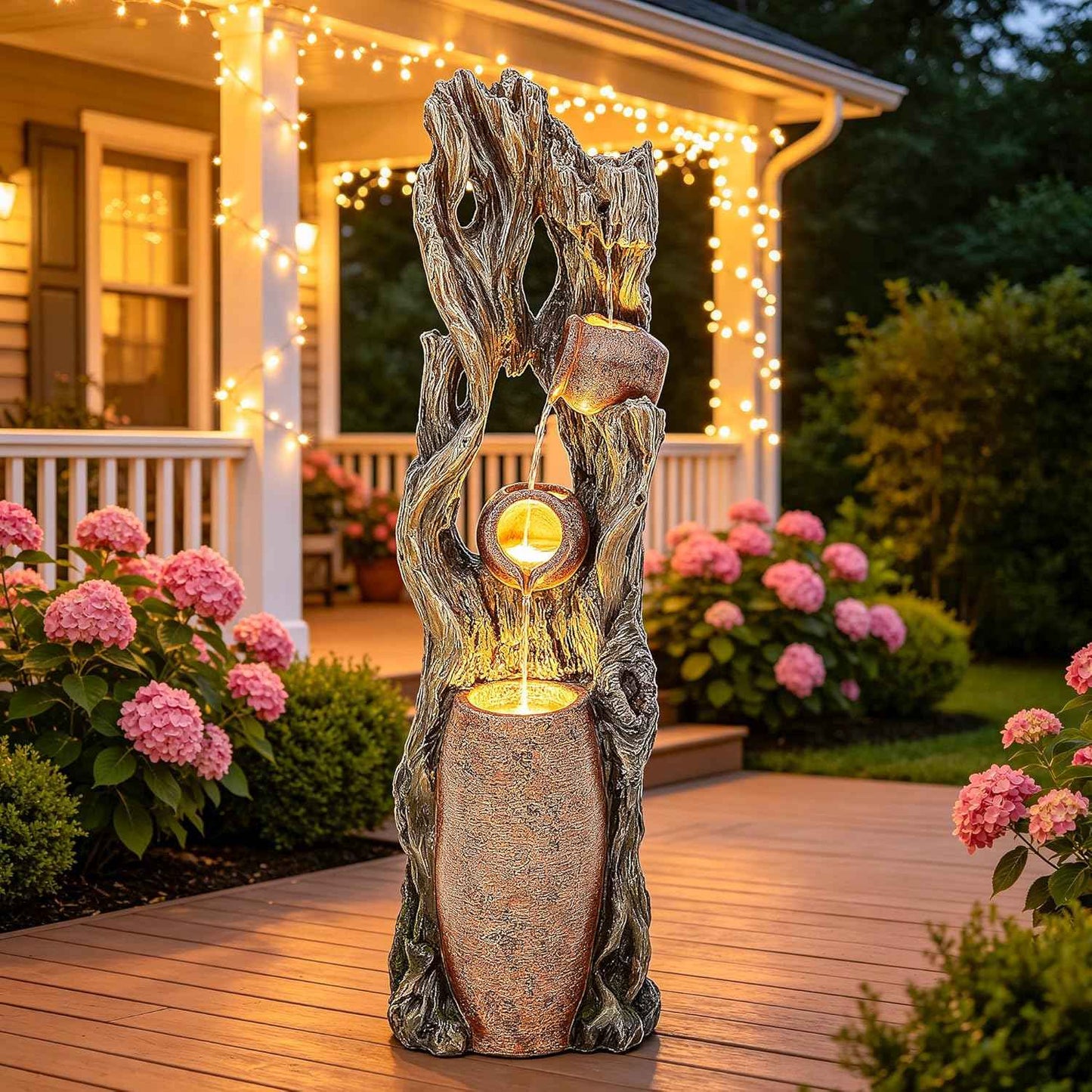 AUTODAYA Tall Outdoor Water Fountain with LED Lights, 42.7" 3-Tier Rainforest Waterfall Tree Trunk and Jar Garden Fountain, Ideal for Serene Relaxing Patio, Yard or Porch