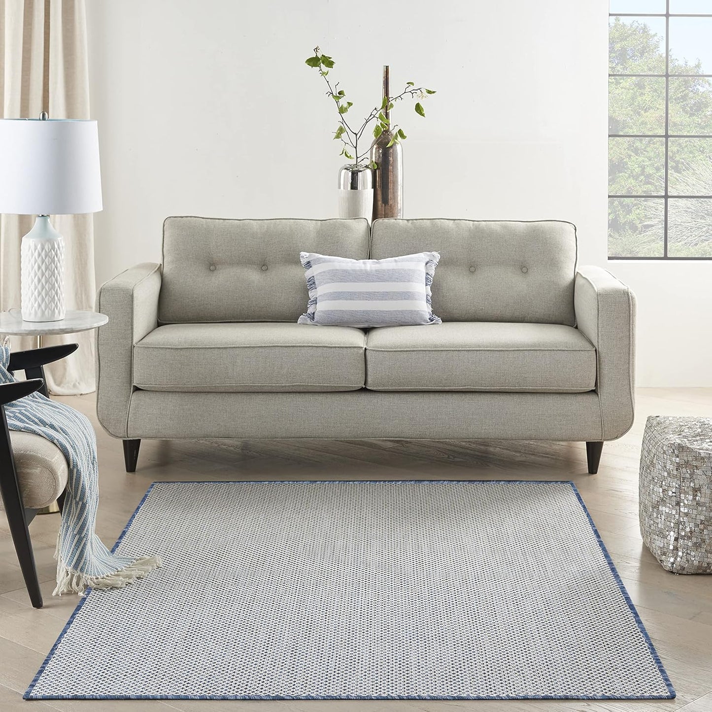 Nourison Courtyard Indoor/Outdoor Ivory Blue 4' x 6' Area Rug, Geometric, Easy Cleaning, Non Shedding, Bed Room, Living Room, Dining Room, Deck, Patio, Backyard (4x6)