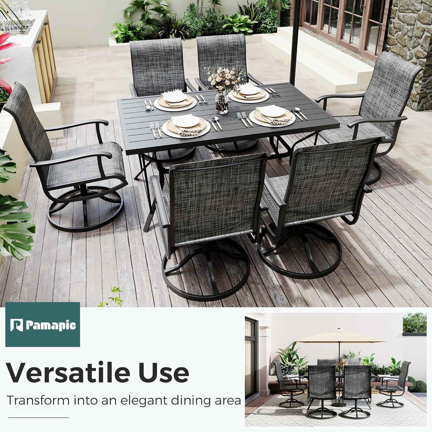 7-Piece Outdoor Dining Set, Patio Furniture Set with Textilene Swivel Chairs, Outdoor Table & 6 Chairs for Garden, Backyard, Poolside, Deck, Charcoal