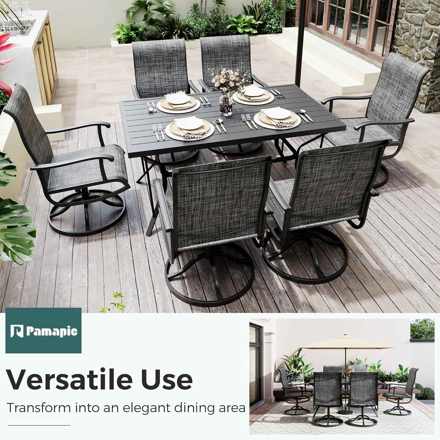 7-Piece Outdoor Dining Set, Patio Furniture Set with Textilene Swivel Chairs, Outdoor Table & 6 Chairs for Garden, Backyard, Poolside, Deck, Charcoal