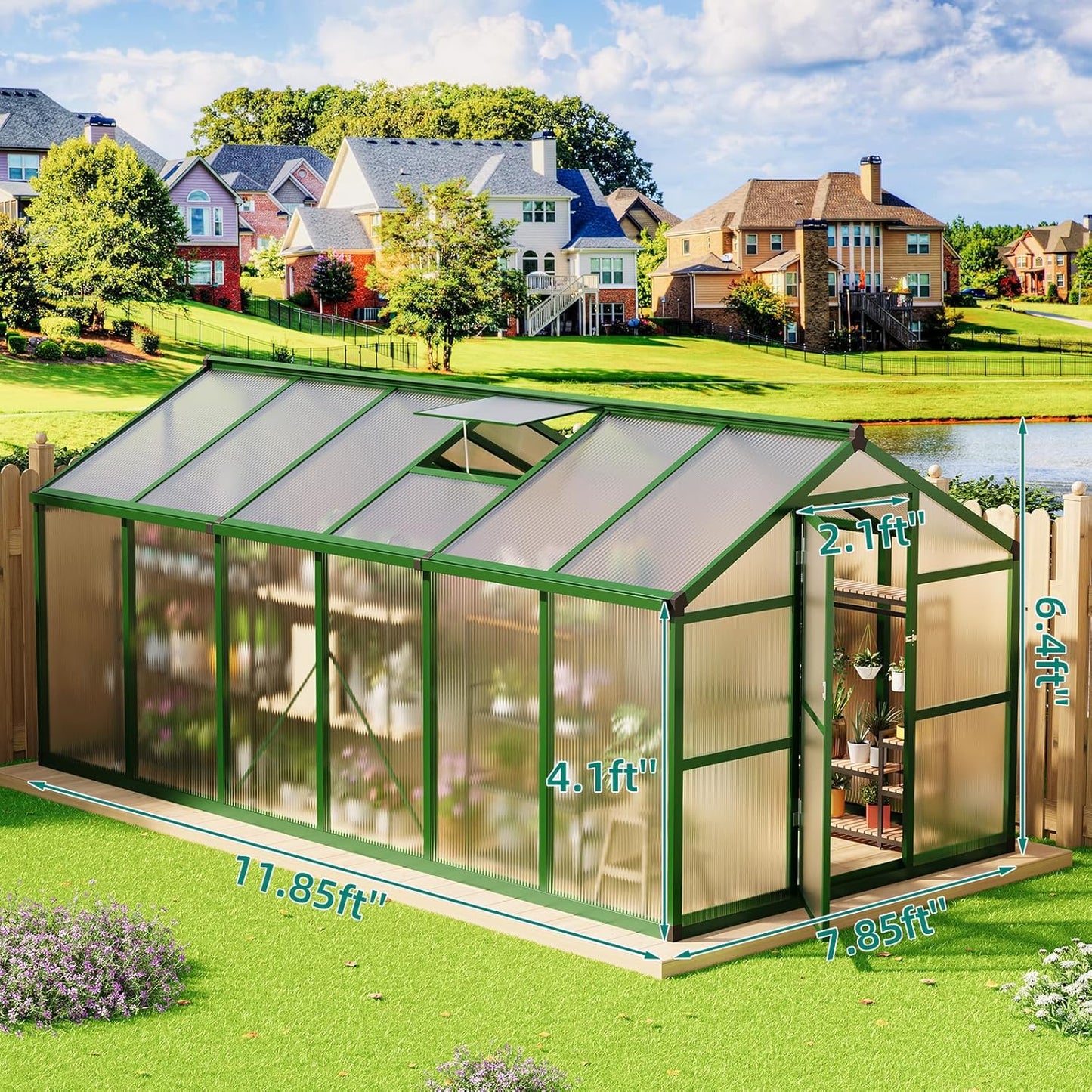 8x12 FT Greenhouse - Large Aluminum Greenhouses for Outdoors, Heavy Duty Polycarbonate Greenhouse with Roof Vent&Ground Nails, Walk-in Green Houses for Garden, Backyard, Patio, Easy Assembly