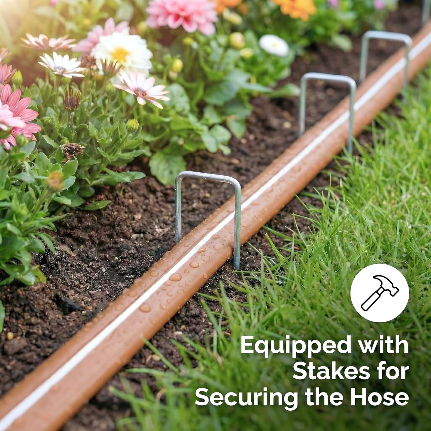 Sprinkler Soaker Hose 100 FT, Watering Hose with Holes, High-Efficiency Water-Saving Sprinklers System for Lawn and Garden with Staples 50FT × 2Pack