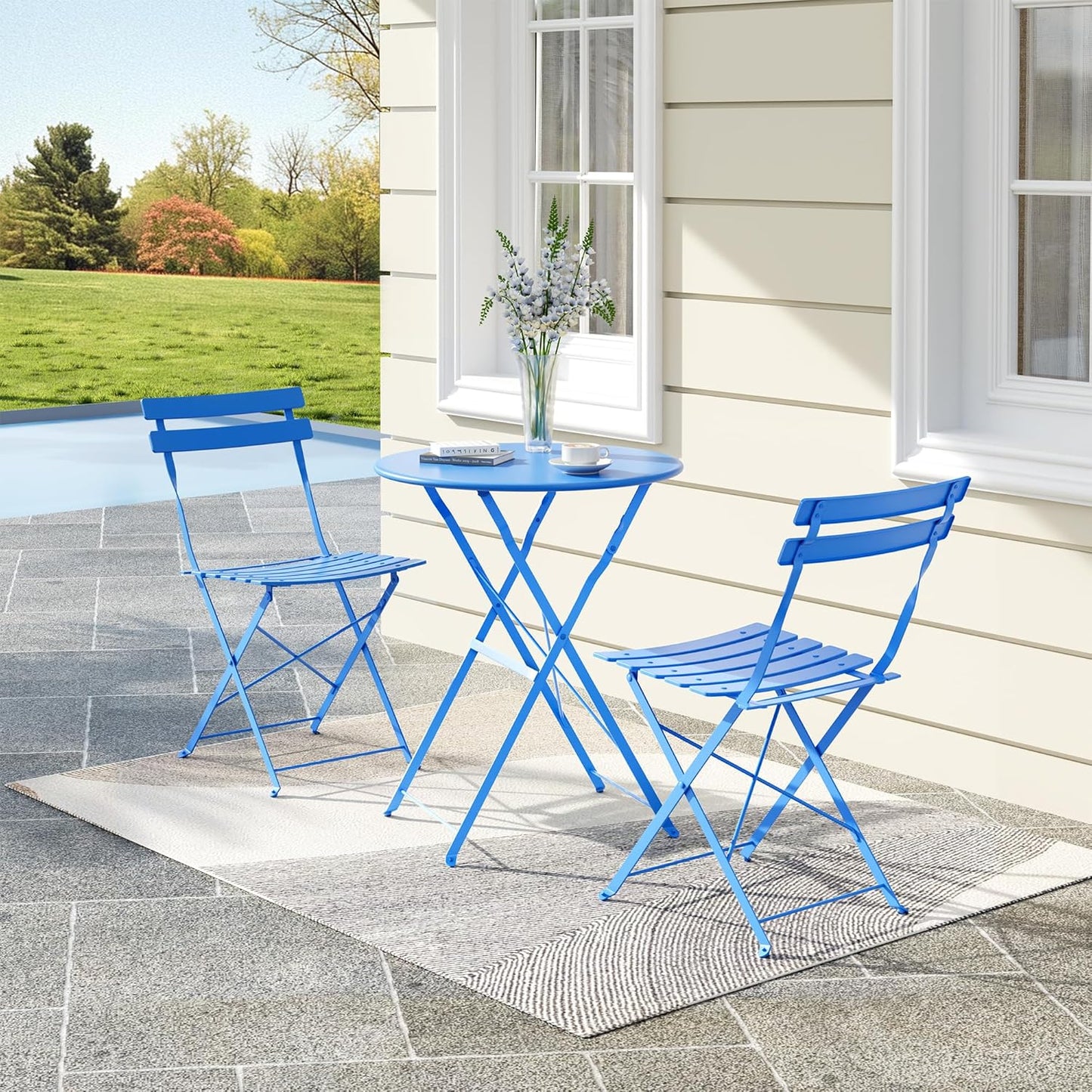 Bistro Table and Chairs Set of 2, 3 Piece Outdoor/Indoor Folding Patio Bistro Sets, 2 Chair Patio Furniture Set with Table, Premium Frame Foldable Coffee Tables for Balcony, Yard, Garden, Blue
