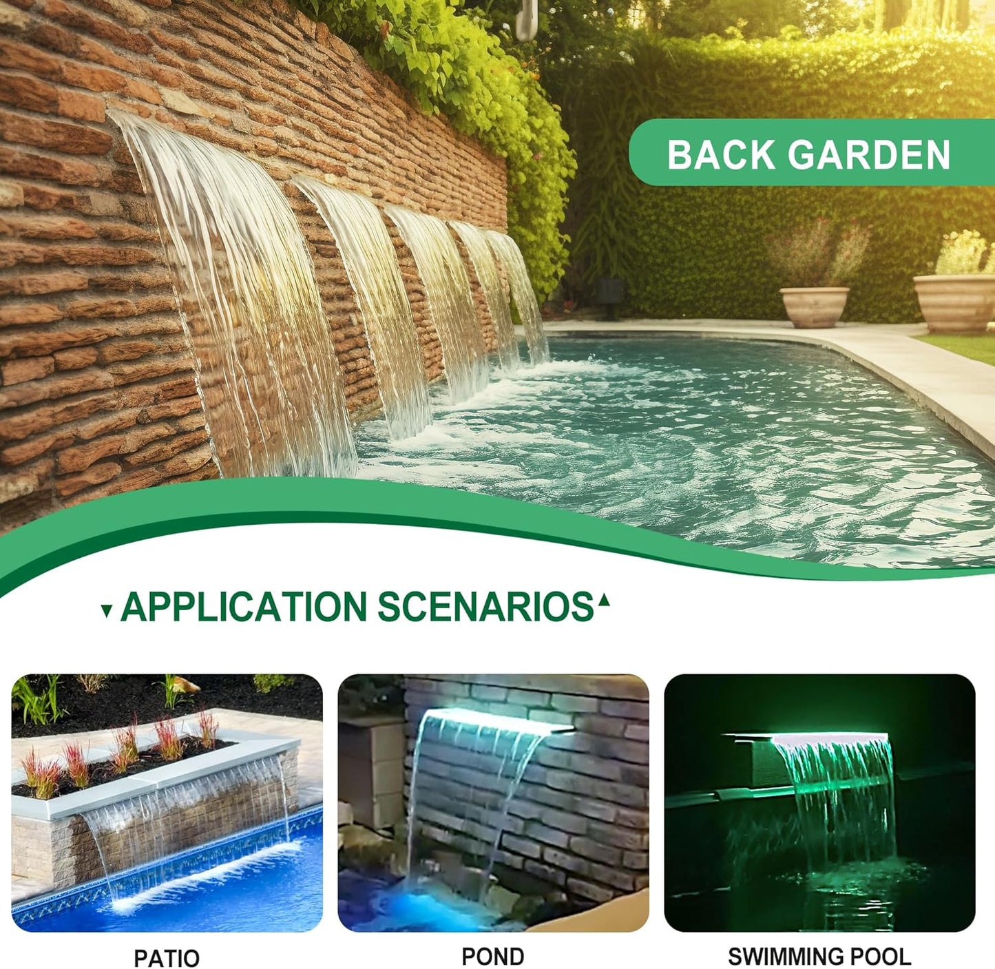 Waterfall Spillway, Stainless Steel Pool Fountain w/Top Open Lip & Pipe Connector Kits for Outdoor/Indoor Decorative, 35.4'' Pool Water Feature for Garden Patio, Backyard Koi Pond Decor