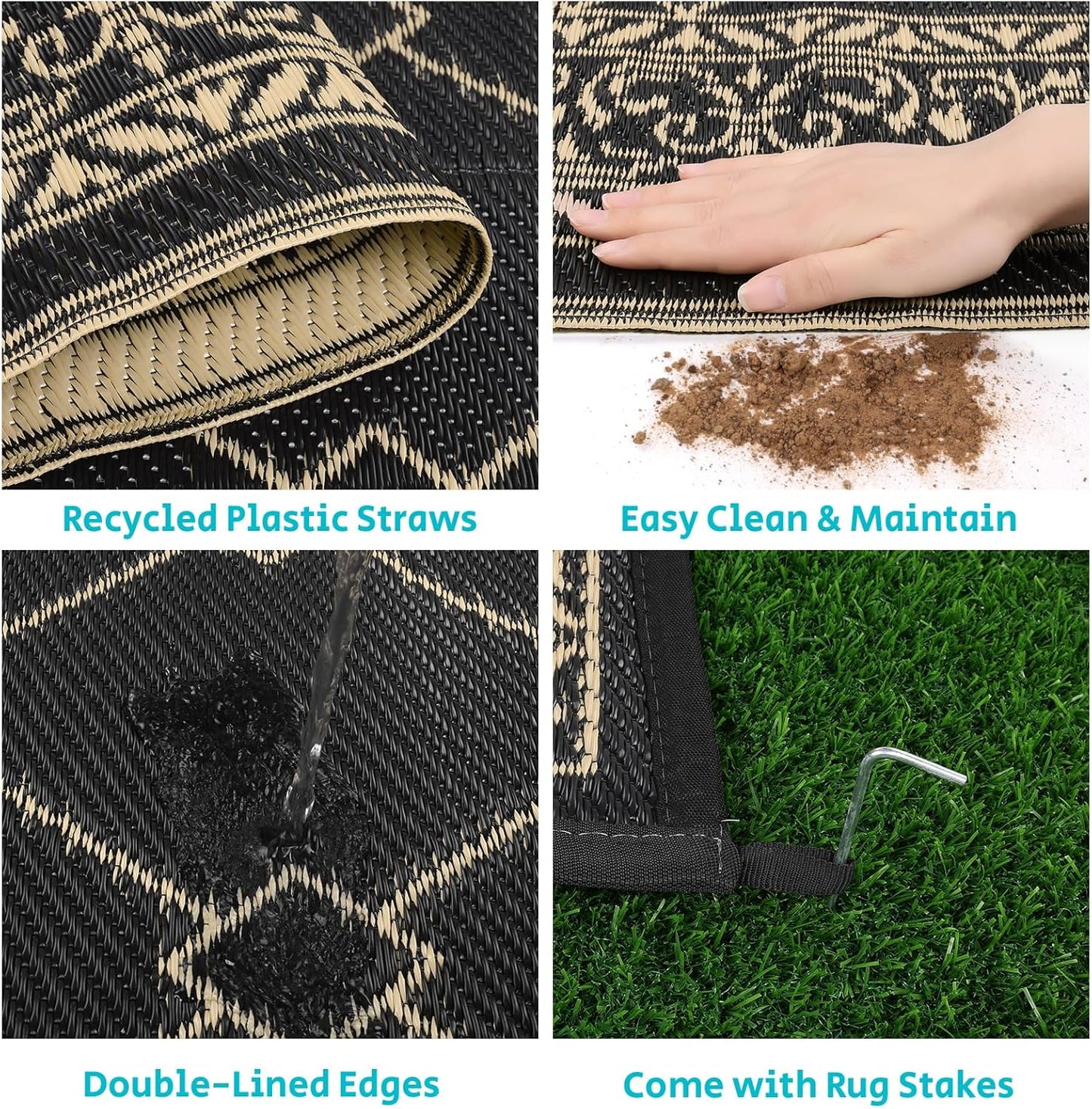 HEBE Outdoor Rug Waterproof 9x12, Reversible Plastic Straw Rug RV Camping Rug, Indoor Outdoor Patio Mat Clearance, Outside Carpet for Porch,Deck,Camper,Balcony,Backyard,Picnic