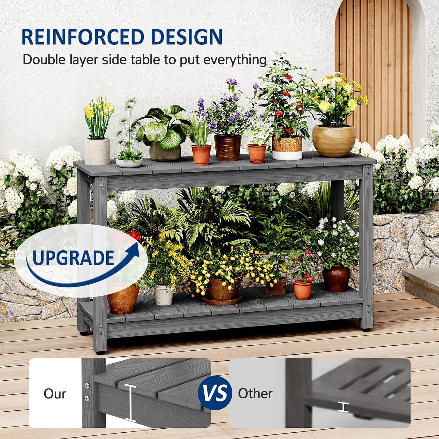 Outdoor Console Table, 48" Weather Resistant HIPS Patio Side Table, 440LBS Weight Capacity, 2-Tier Multifunctional Buffet Bar Storage Organizer for Garden Deck, Gray