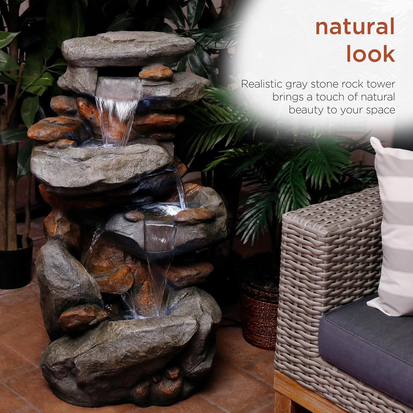 Alpine Corporation WIN316 40" Floor Fountain – 4-Tiered Rock Water Feature with Cascading Streams & White LED Lights – Tranquil Outdoor Décor for Garden, Patio, Yard, Deck, or Porch, Light Gray