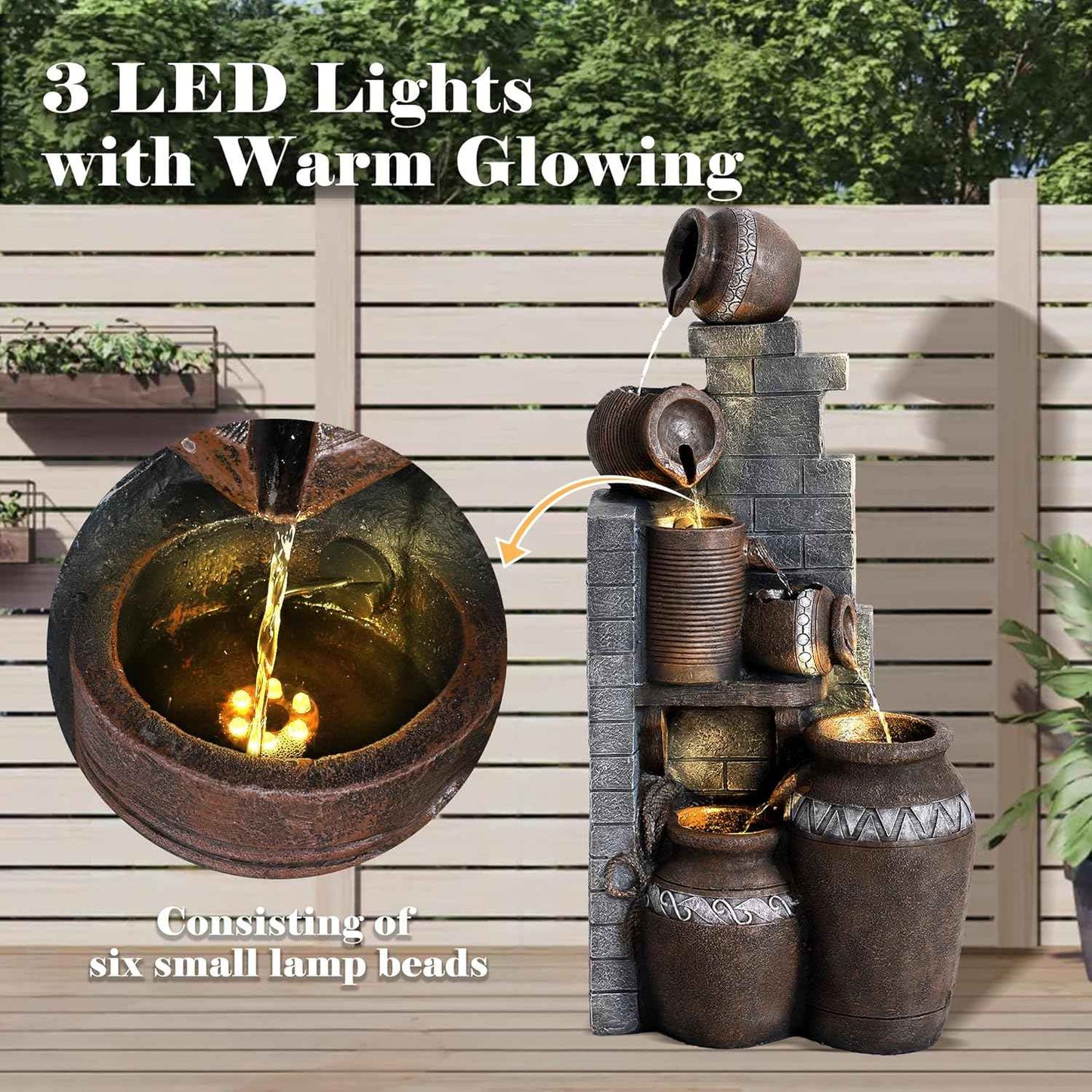 Outdoor Water Fountain 31.5" H Floor-Standing Cascading Garden Fountains, 6-Tiers Indoor/Outdoor Water Fountain with LED Lights for Garden Patio Backyard and Home (14.6"L x 10.6"W x 31.5"H)