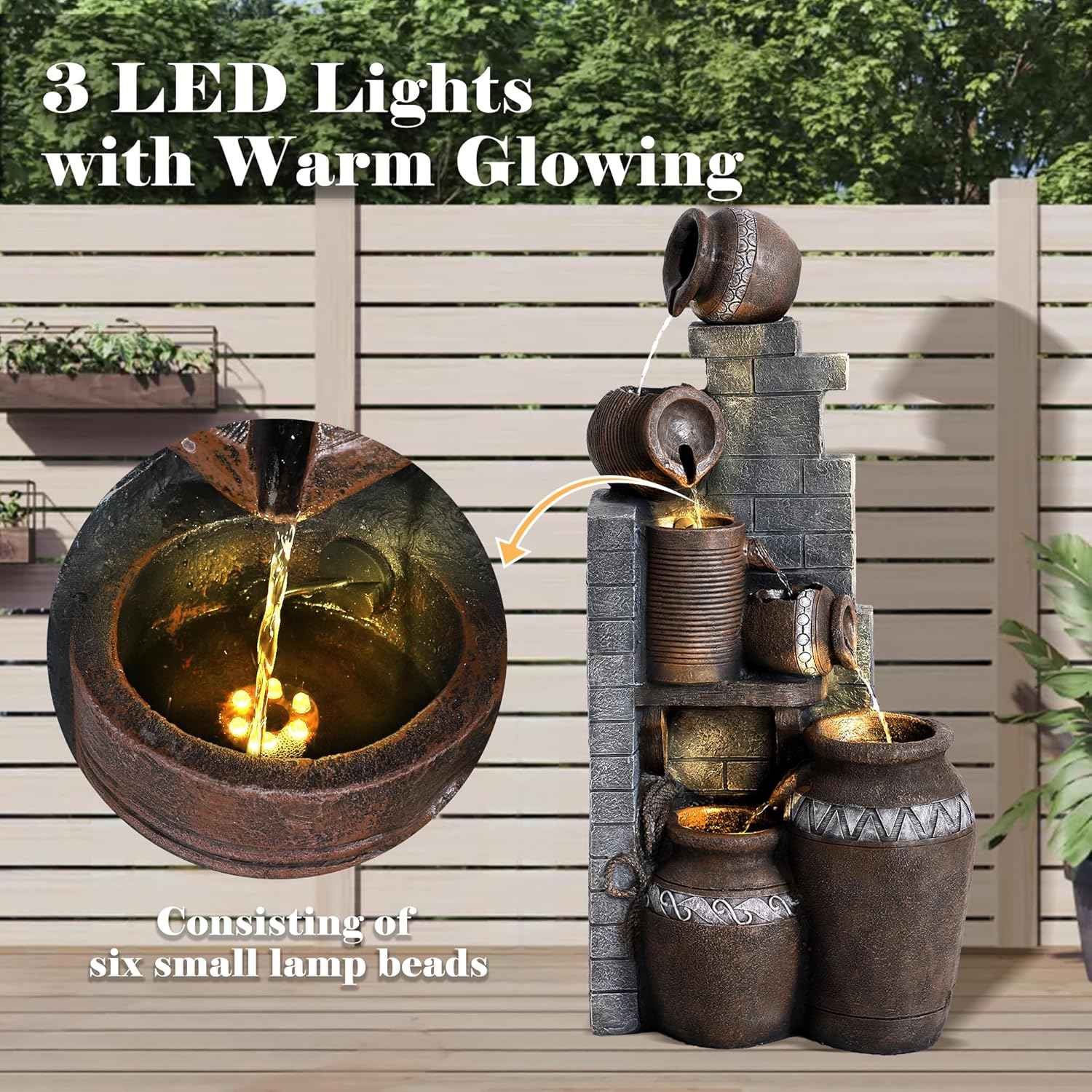Outdoor Water Fountain 31.5" H Floor-Standing Cascading Garden Fountains, 6-Tiers Indoor/Outdoor Water Fountain with LED Lights for Garden Patio Backyard and Home (14.6"L x 10.6"W x 31.5"H)
