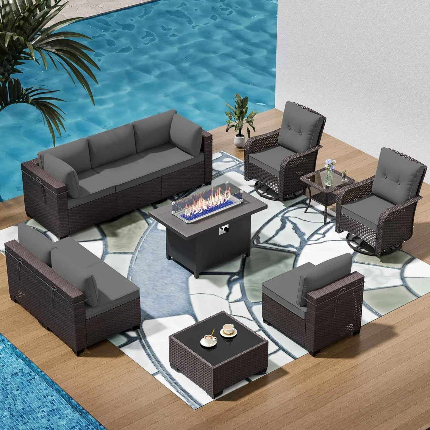 11 Pieces Outdoor Patio Furniture Set,Outdoor Sectional Furniture with 45" 55000 BTU Gas Propane Fire Pit Table,PE Rattan Wicker Patio Conversation Set,Swivel Rocking Chairs Set,Grey
