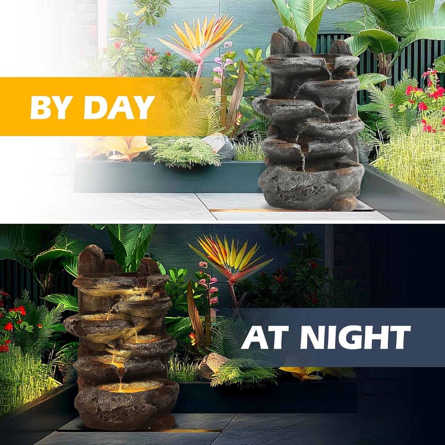 TITIMO 6-Tier Cascading Rock Water Fountain Outdoor Garden Waterfall with Lights,Fountain Indoor Decor for Garden, Patio, Backyard, Deck, Porch and Home Art Decor