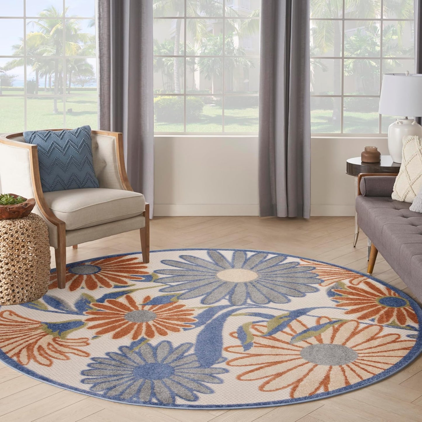 Nourison Home Aloha Beige Multicolor 7'10" x Round Area Rug - Easy Cleaning, Non Shedding, Bed Room, Living Room, Dining Room, Kitchen (8' x Round)