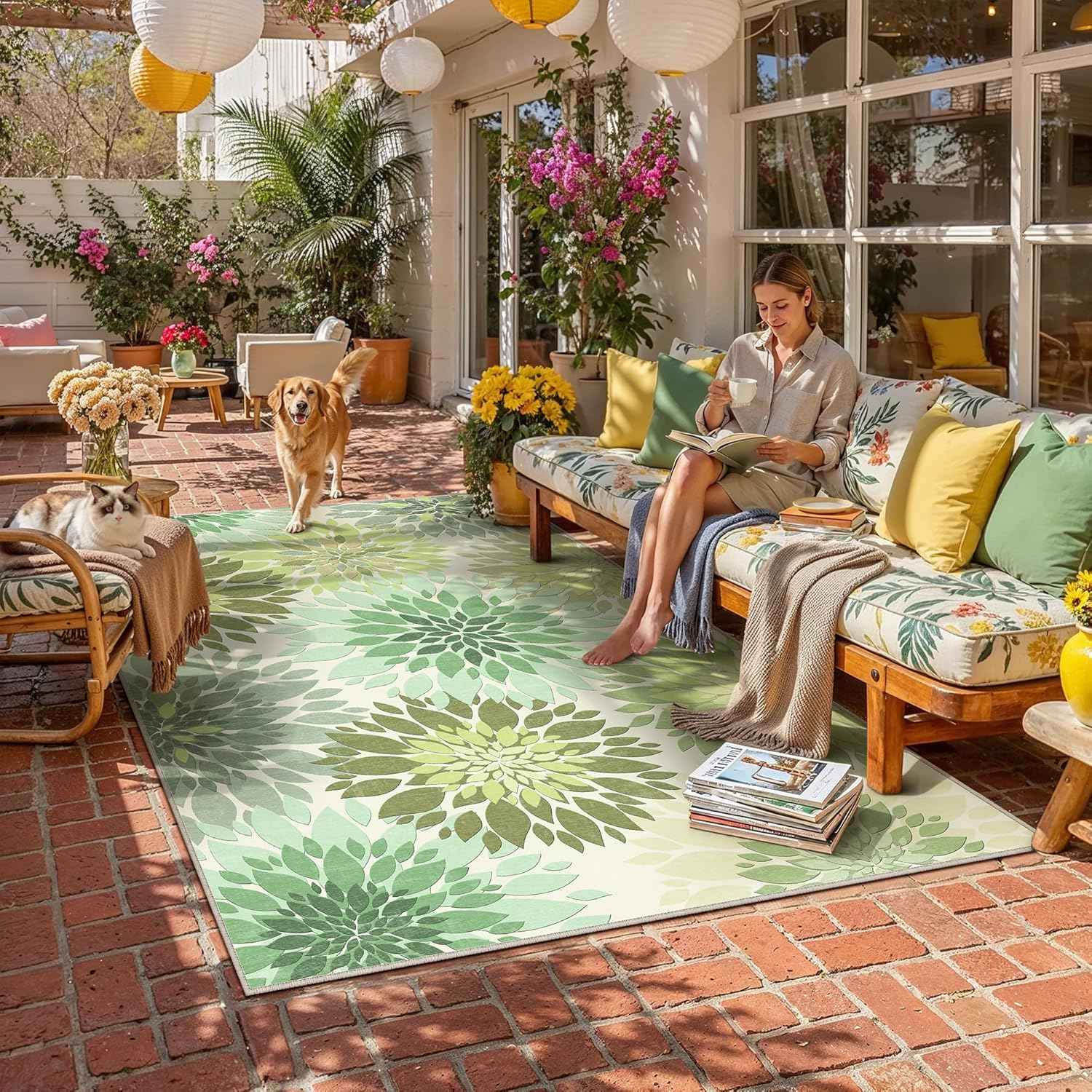 5x8 Indoor Outdoor Area Rug Washable Patio Rug Green Non Slip Non Shedding Waterproof Carpet for Living Room Bedroom Backyard Porch Camping RV Balcony Poolside